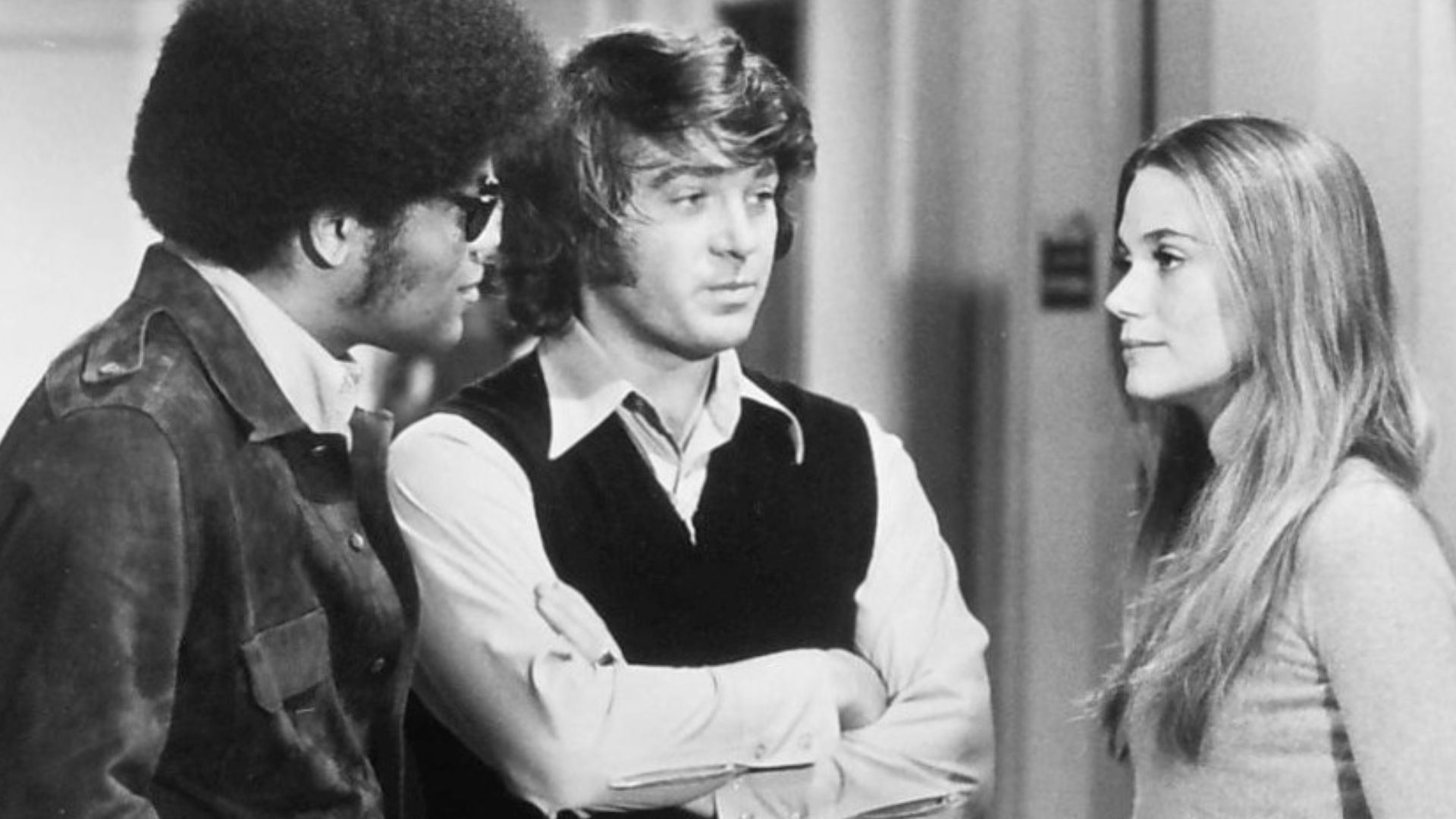 Scene from an episode of the television program The Mod Squad. From left: Clarence Williams III, Michael Cole, Peggy Lipton.