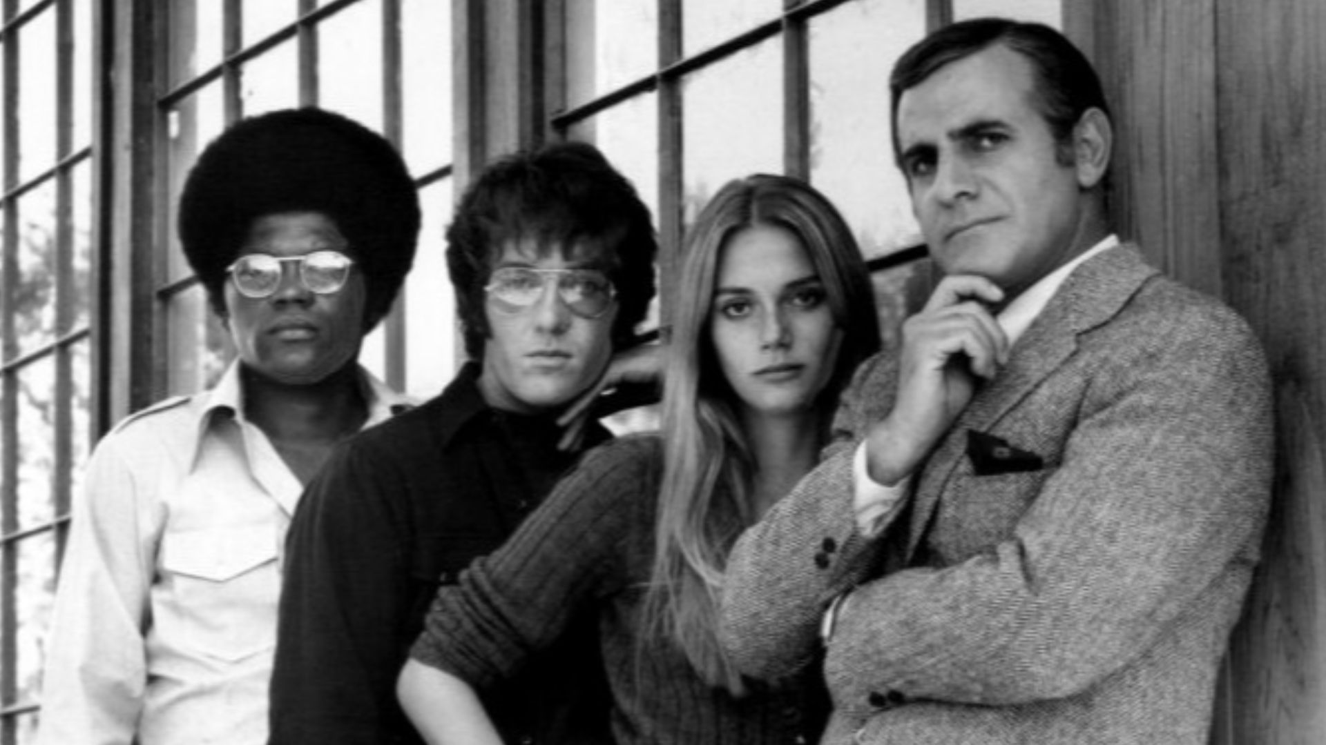 1969 cast photo from the television program The Mod Squad.  From left: Clarence Williams III, Michael Cole, Peggy Lipton, Tige Andrews.