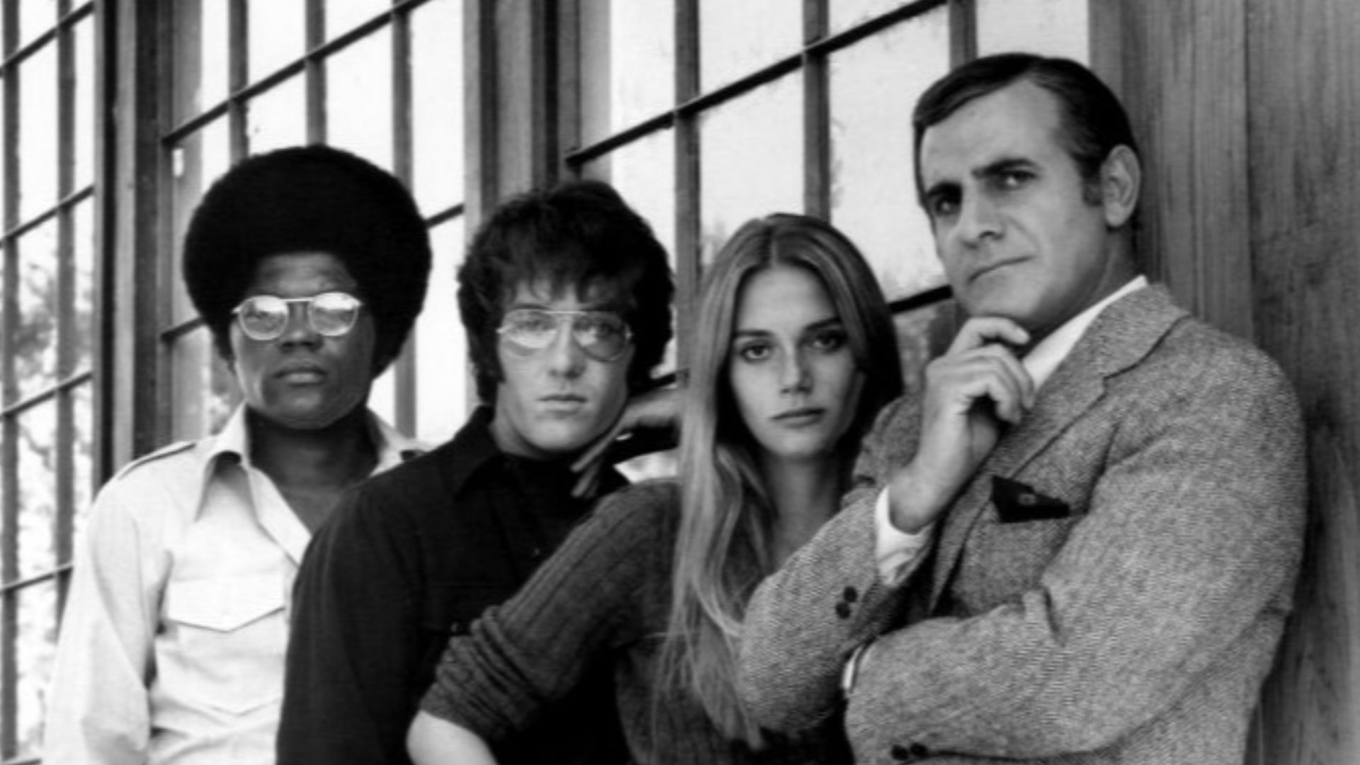 1969 cast photo from the television program The Mod Squad.  From left: Clarence Williams III, Michael Cole, Peggy Lipton, Tige Andrews.