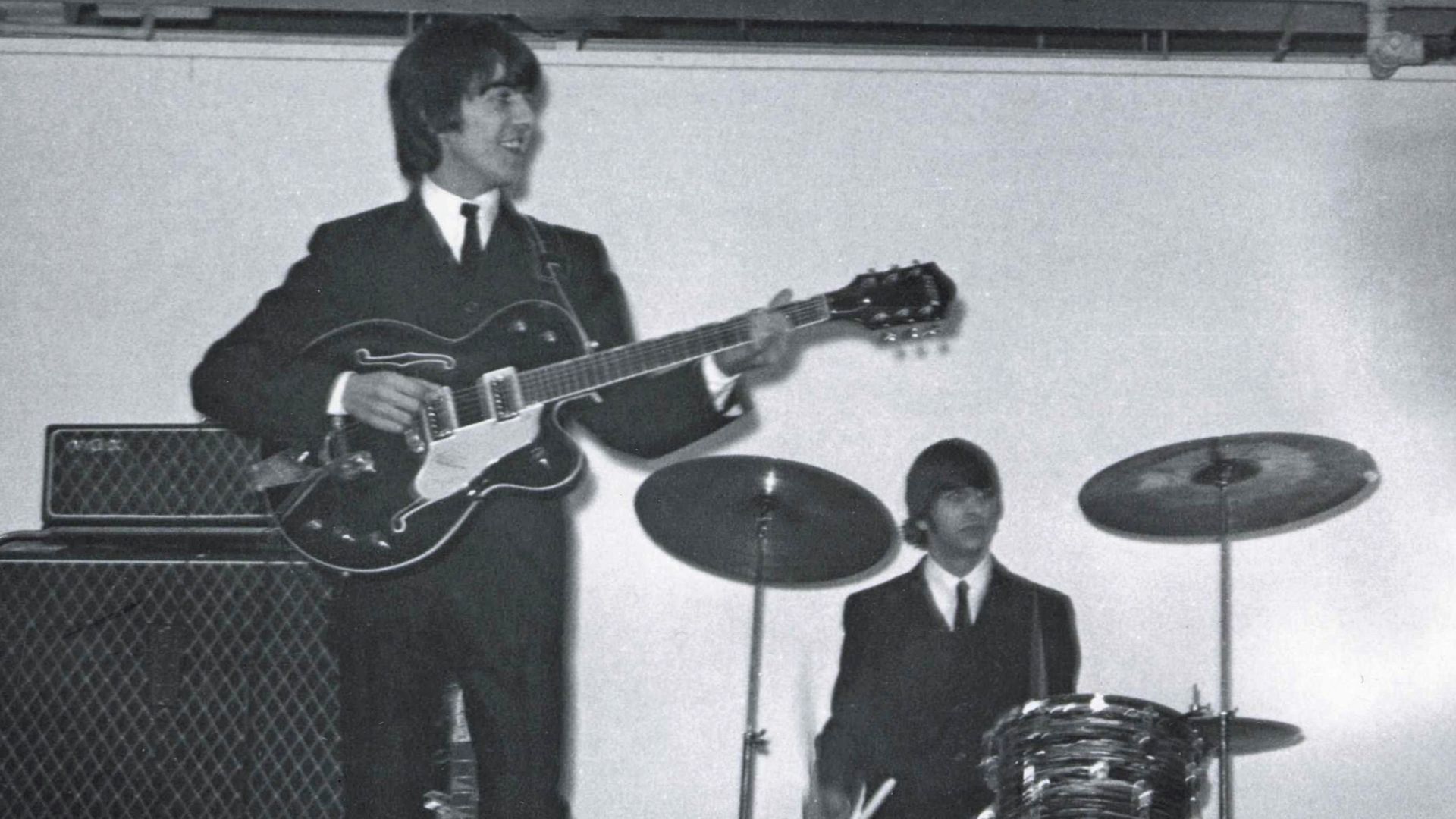 Creator: Nick Newbery
Date: 2nd November 2015. 
Original format: Photographic print.
Description: Photograph showing George Harrison and Ringo Starr playing a show at the King's Hall Belfast in 2 November 1964.
PRONI ref: D4542/2/1/3A
Picture Credit: Nick