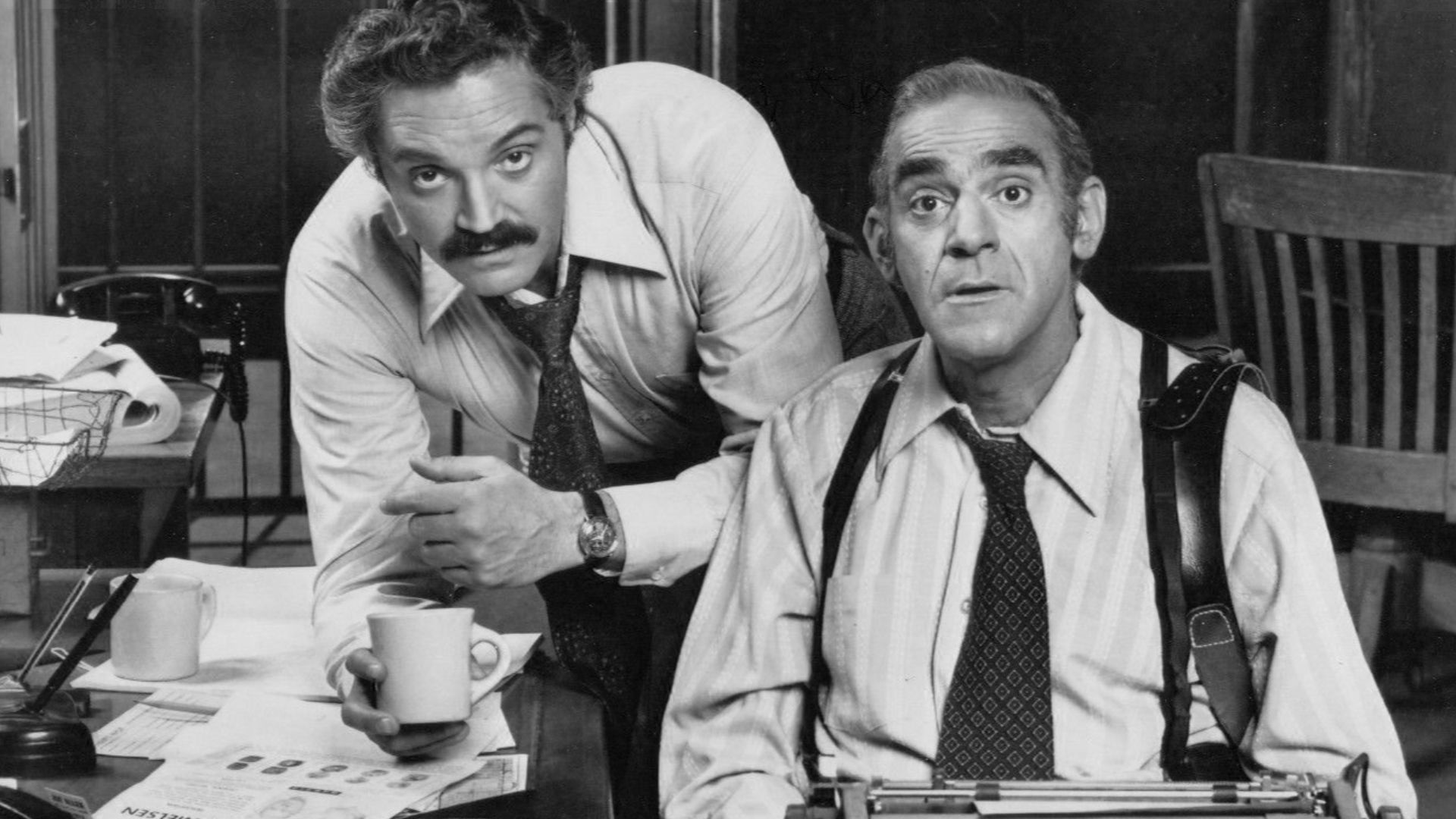 Photo of Hal Linden (Barney Miller) and Abe Vigoda (Detective Fish) from the television progrsm Barney Miller.