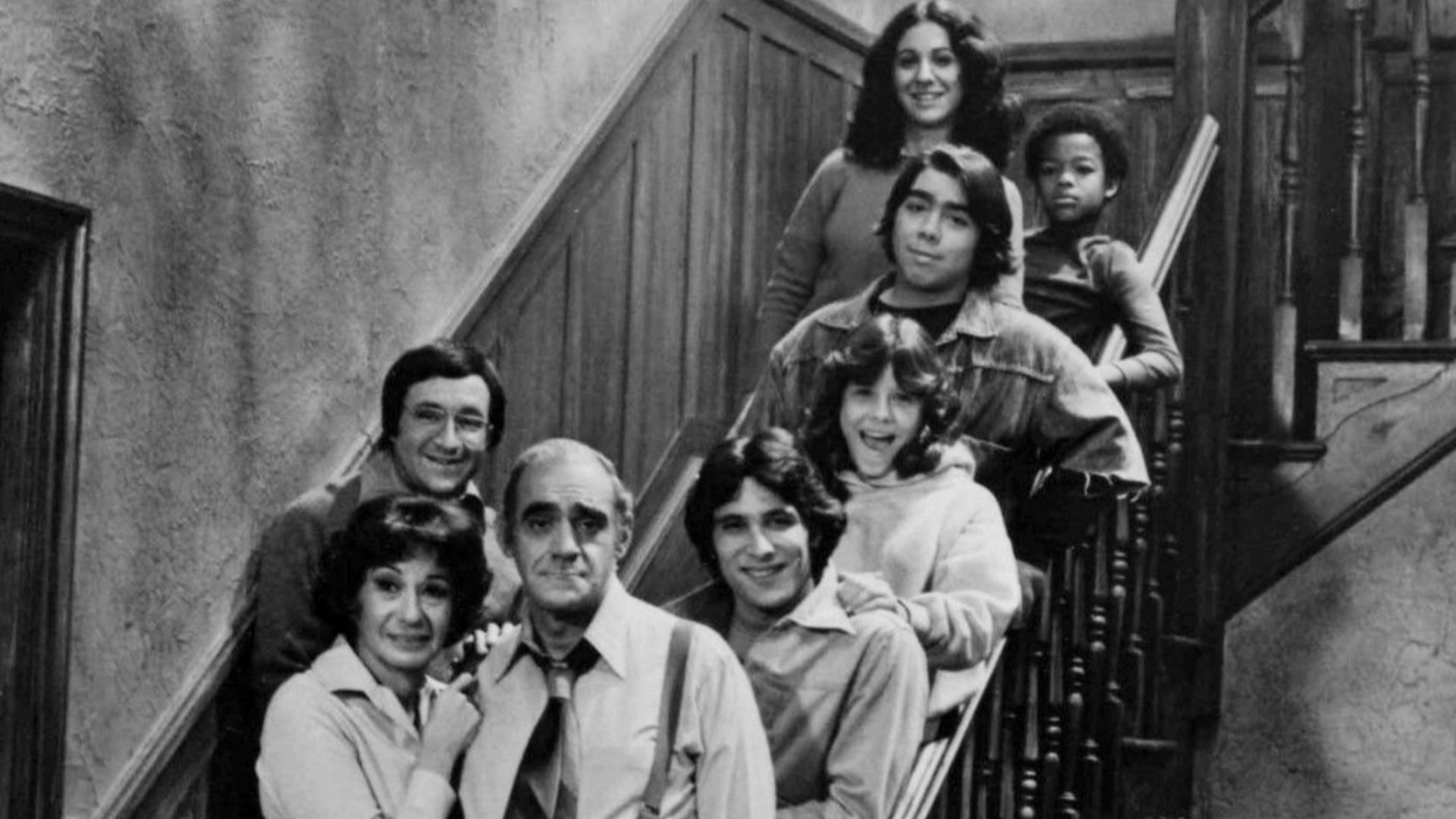 Cast photo from the television comedy Fish.  From top: Sarah Natoli, Todd Bridges, John Cassisi, Denise Miller, Lenny Barry, Barry Gordon, Florence Stanley, Abe Vigoda.