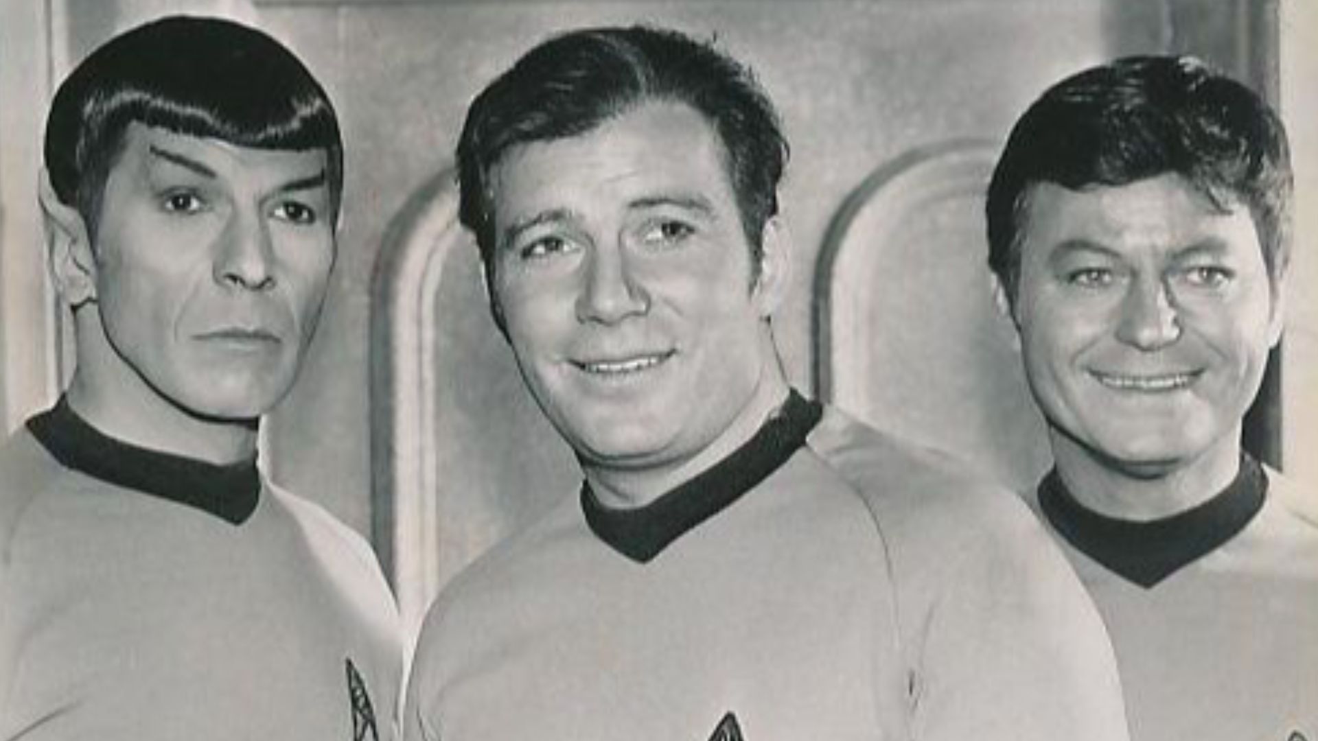 Photo of Leonard Nimoy (Spock), William Shatner (Kirk) and DeForest Kelley (McCoy) from the television program Star Trek.
