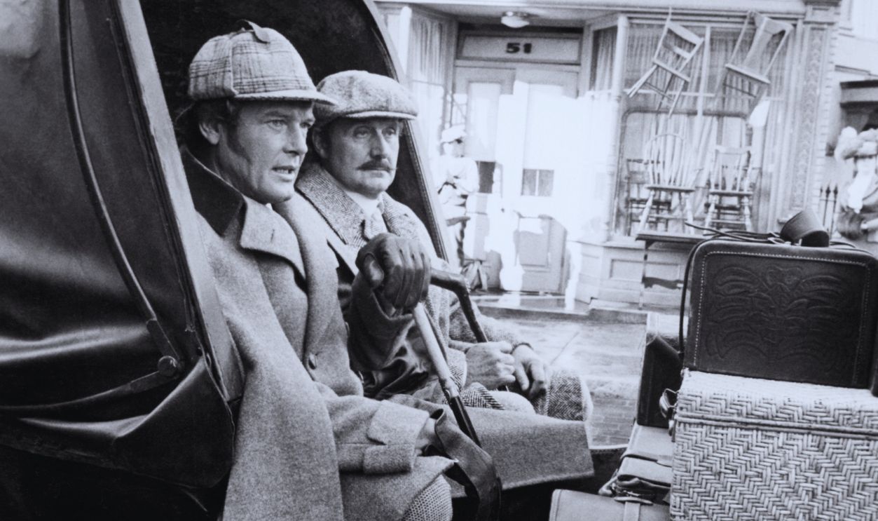 Gettyimages - 176225008, Sherlock Holmes In New York English actors Roger Moore (left), as Sherlock Holmes, and Patrick Macnee as Doctor Watson, in 'Sherlock Holmes In New York', directed by Boris Sagal, 1976. 
