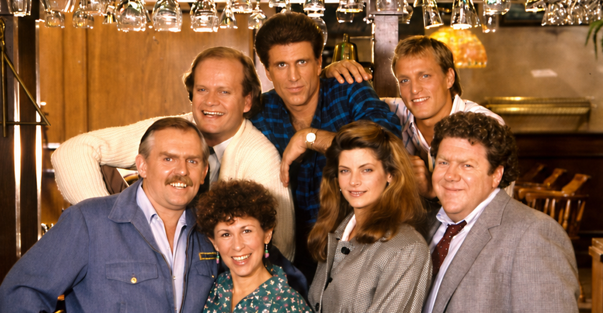 The cast of Cheers, from left: John Ratzenberger, Kelsey Grammer, Rhea Perlman, Ted Danson, Kirstie Alley, Woody Harrelson, and George Wendt (1987)