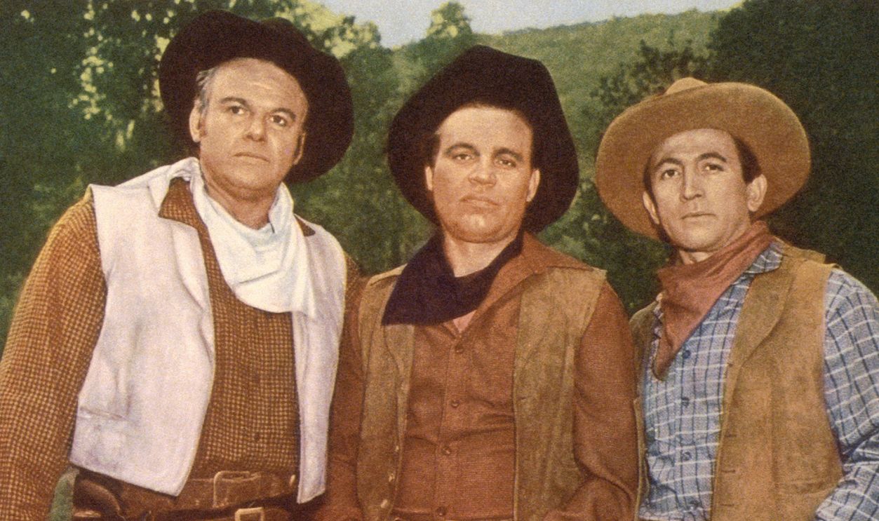 The Three Outlaws, US lobbycard, from left: Alan Hale Jr, Neville Brand, Robert Christopher, 1956.