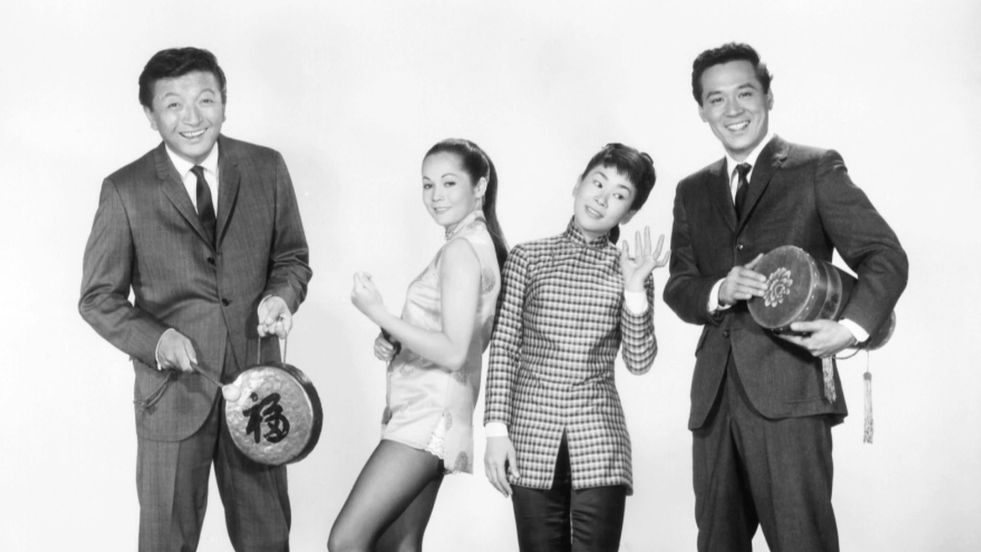 Press photo of (from left) Jack Soo, Nancy Kwan, Miyoshi Umeki, and James Shigeta for the 1961 film Flower Drum Song