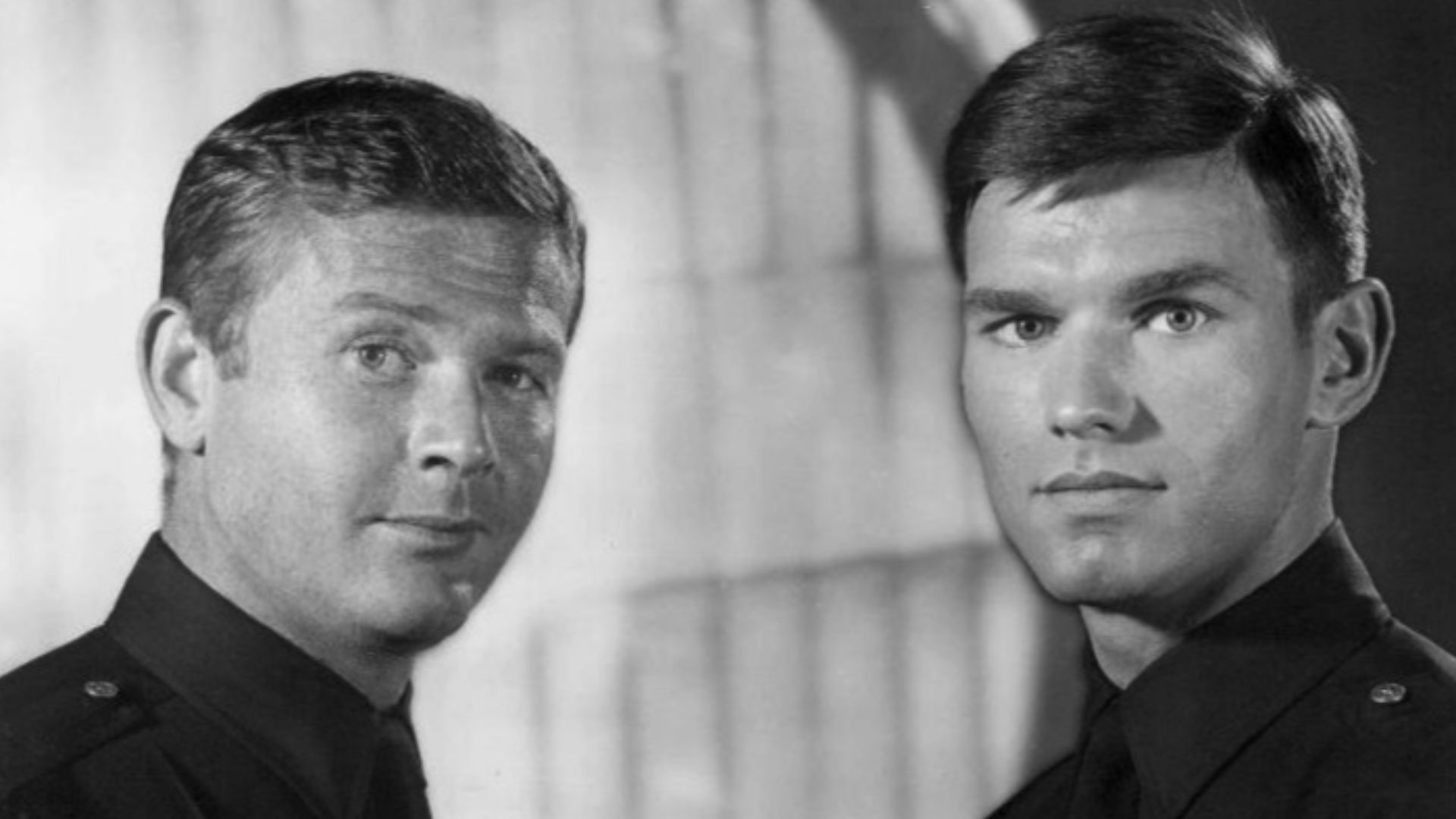 Photo of Martin Milner (left) as Malloy and Kent McCord as Reed from the television program Adam-12. The storyline was about two police officer partners-one a veteran (Malloy) and one a rookie (Reed).