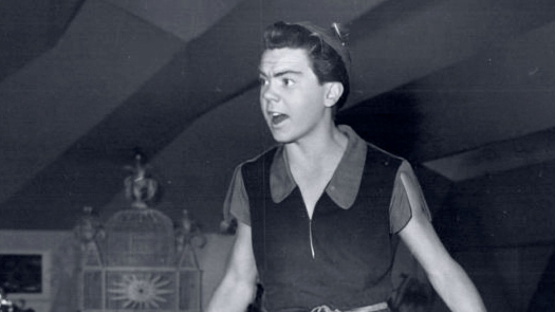 Publicity photo of American teen actor, Bobby Driscoll promoting his appearance as Peter Pan on the CBS television special The Walt Disney Christmas Show, which aired on December 25, 1951.