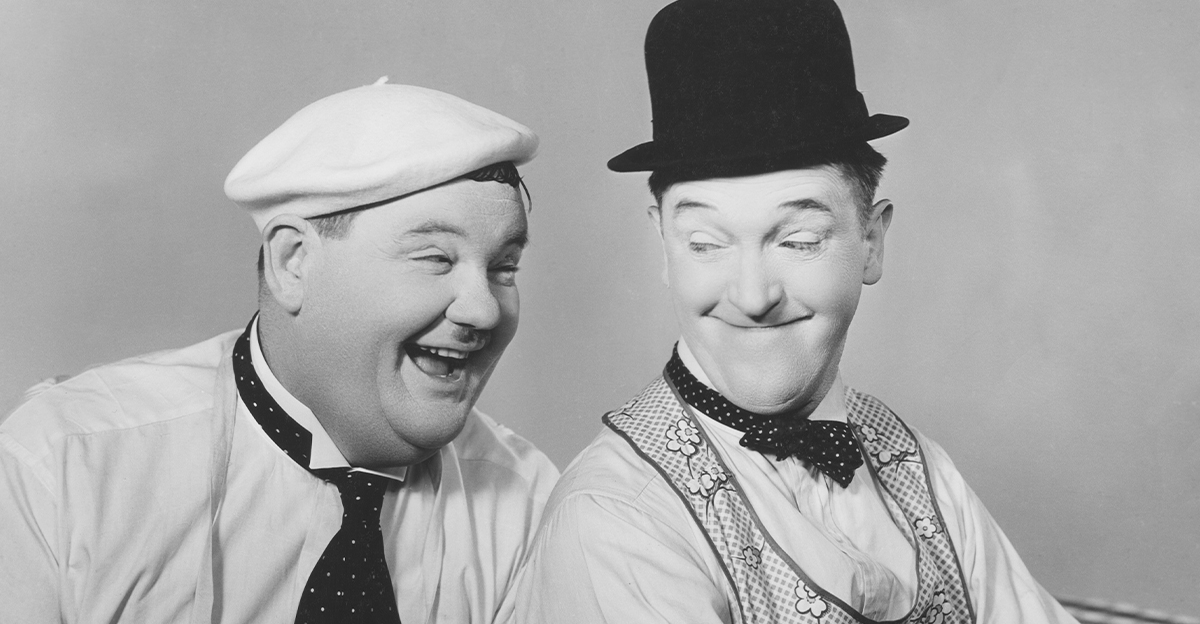 Black and white portrait of Stan Laurel and Oliver Hardy