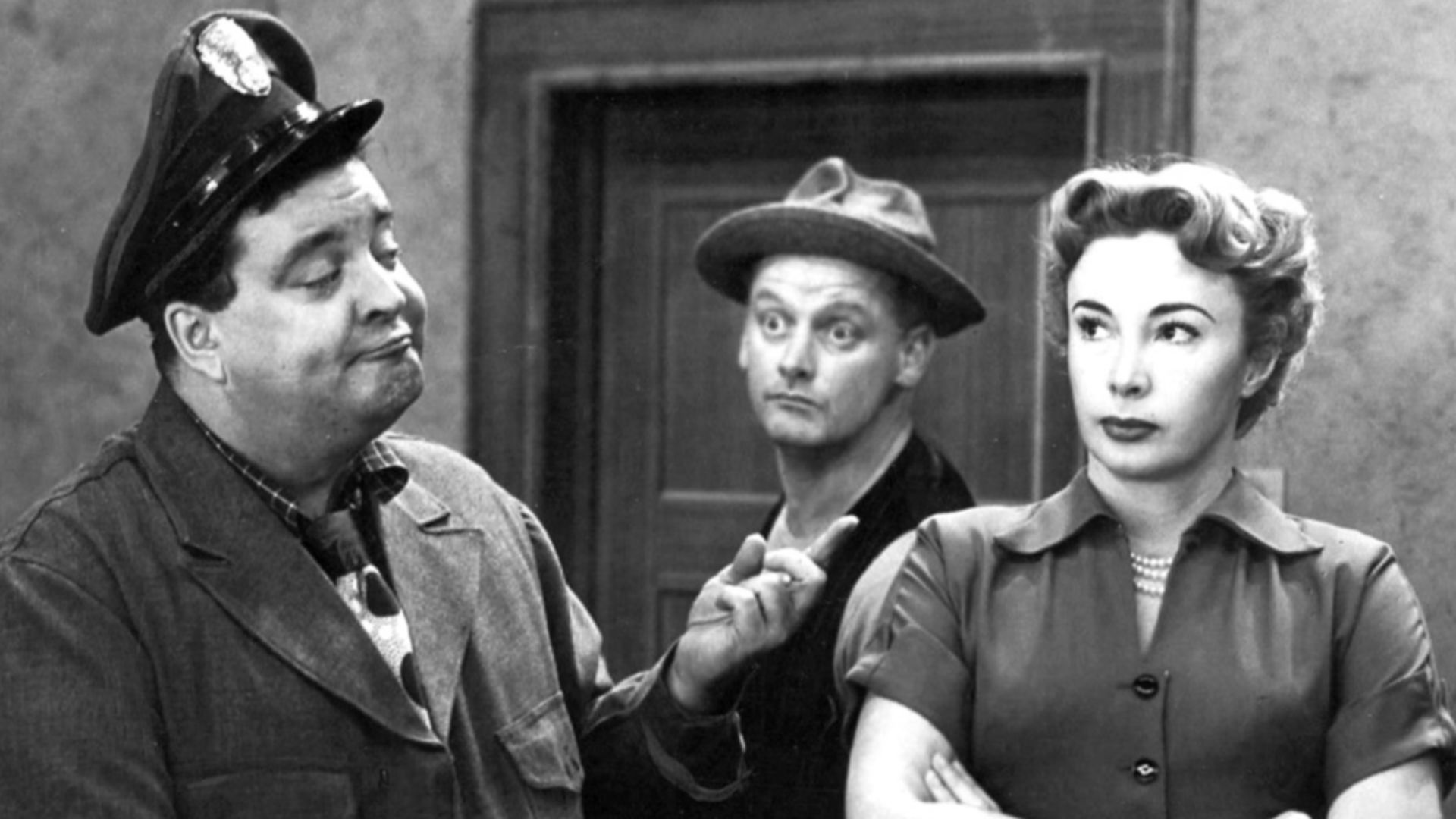 Publicity photo of Jackie Gleason, Art Carney, and Audrey Meadows in The Honeymooners.
