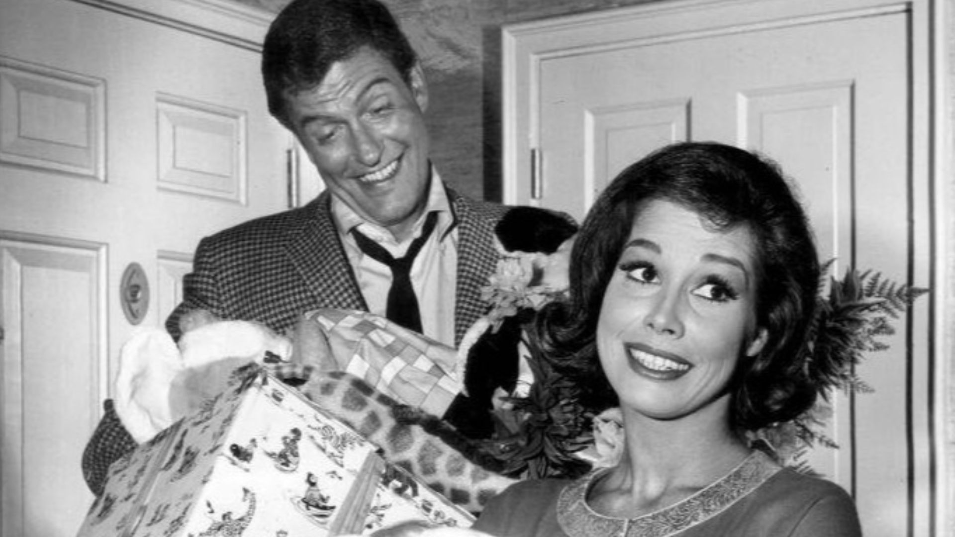 Photo of Dick VanDyke as Rob Petrie and Mary Tyler Moore as Laura Petrie from the television program The Dick VanDyke Show.  In this