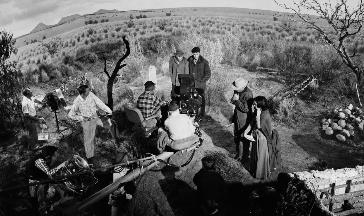 High-angle production still looks down on the cast and crew as they shoot a scene for an episode of the television show 'The Twilight Zone' entitled 'The Grave' (directed by Montgomery Pittman), Culver City, California, March 15, 1961. Among those pictured are American cinematographer George T. Clemens (1902 - 1992) (center fore, behind camera) and American actors Strother Martin (1919 - 1980) (center left rear, in hat), James Best (center right rear), Lee Van Cleef (1925 - 1989) (second right, holding collar), and Elen Willard (right). The episode was originally broadcast on October 27, 1961.