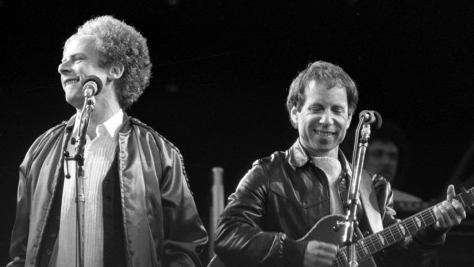 Simon and Garfunkel performing at the Feijenoord Stadion, Rotterdam, the Netherlands in 1982