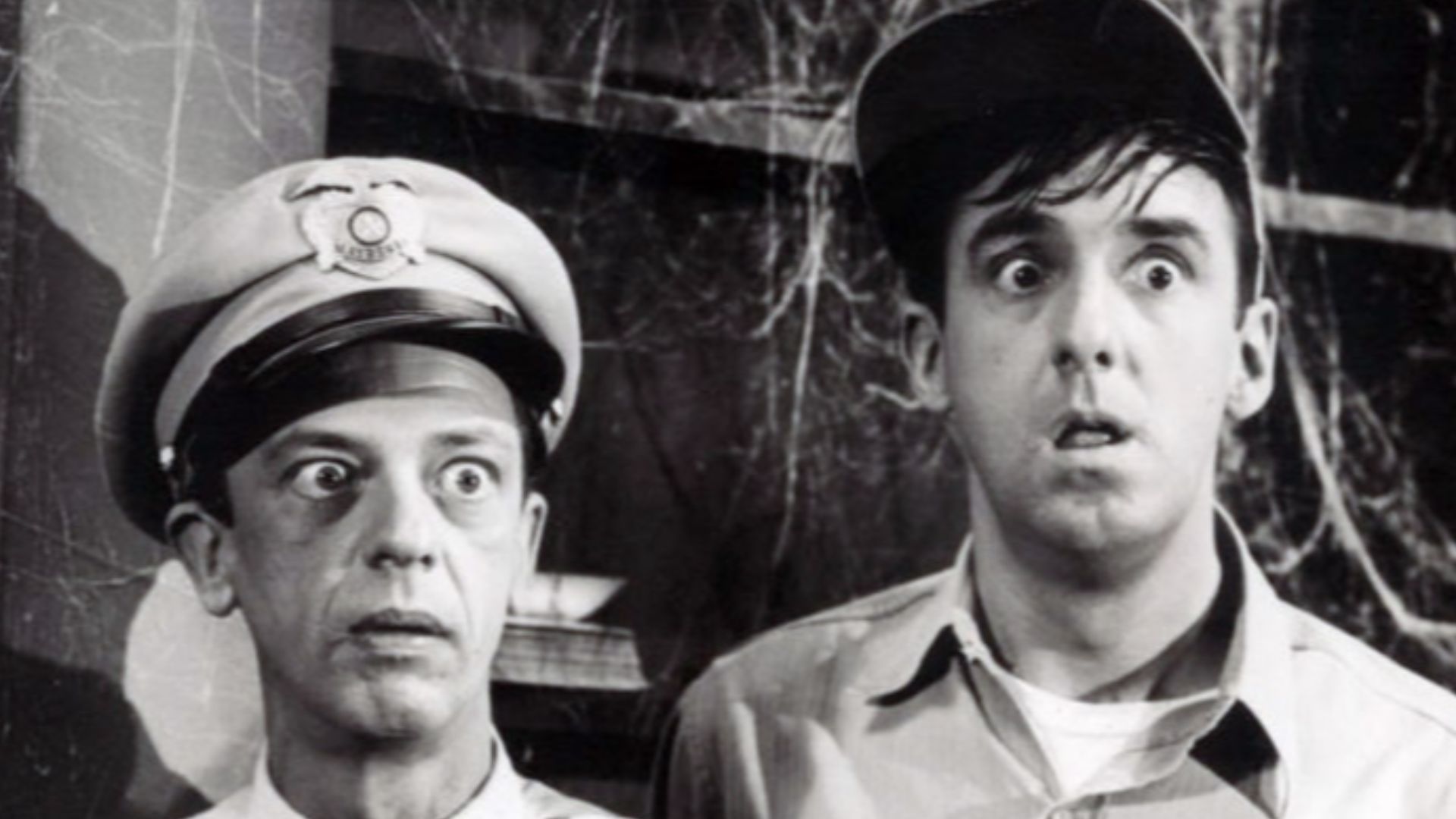 Publicity photo from the television program The Andy Griffith Show.  Pictured are Don Knotts (Barney Fife) and Jim Nabors (Gomer Pyle).