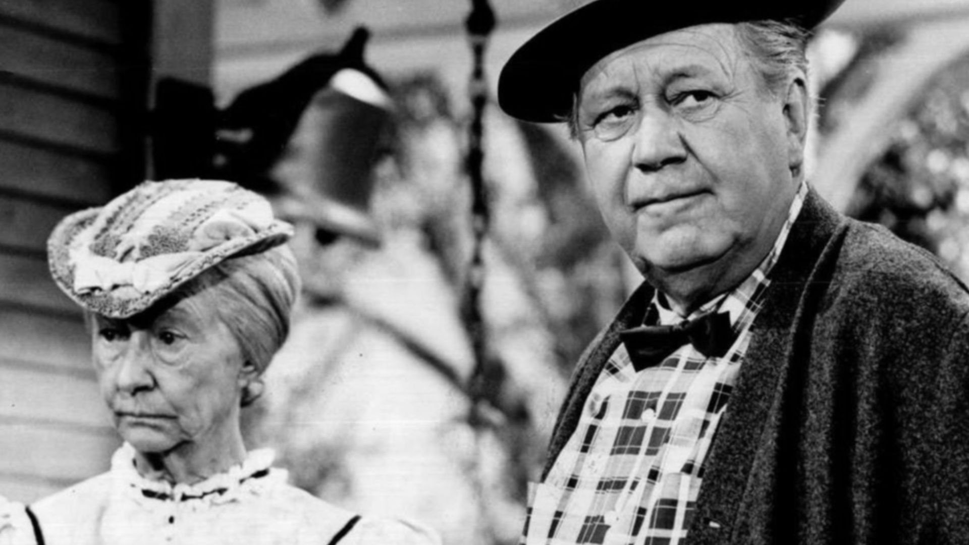 Photo of Irene Ryan and Edgar Buchanan from the television program Petticoat Junction.  Ryan, as Granny Clampett from The Beverly Hillbillies, visits Hooterville and is met by Uncle Joe.
