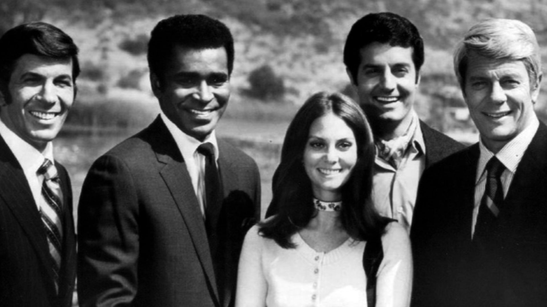 Cast photo from the television program Mission: Impossible. This is the cast for its fifth season, beginning in 1970.  From left: Leonard Nimoy, Greg Morris, Lesley Anne Warren, Peter Lupus and Peter Graves.
