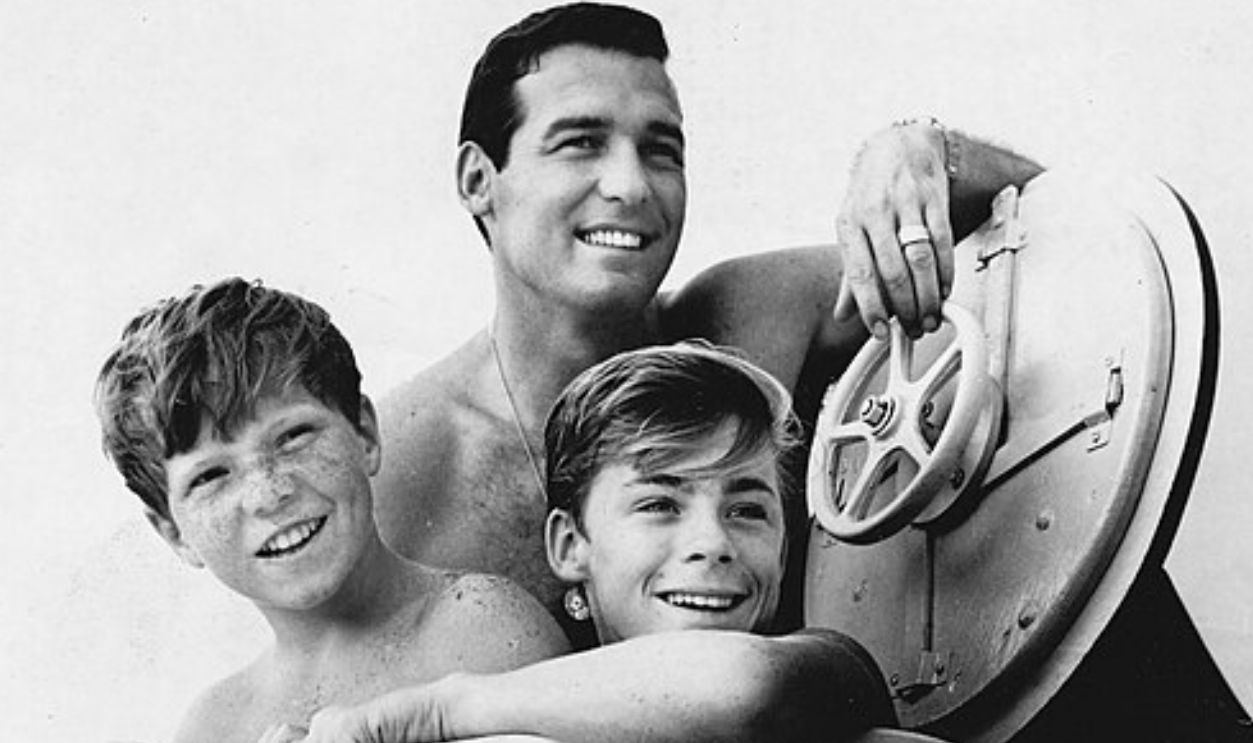 Publicity photo of Brian Kelly, Luke Halpin and Tommy Norden promoting the television series Flipper.