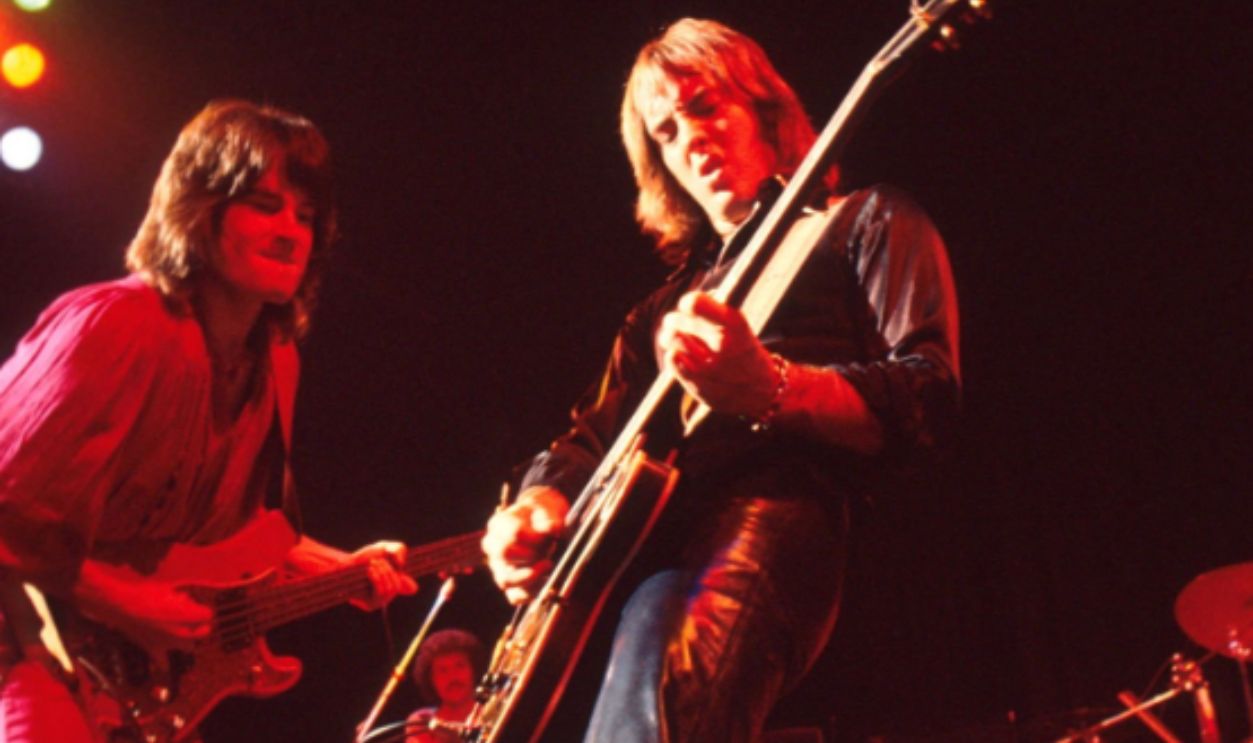 Player perform on stage, New York, USA, circa 1977, L-R Ronn Moss, Peter Beckett.
