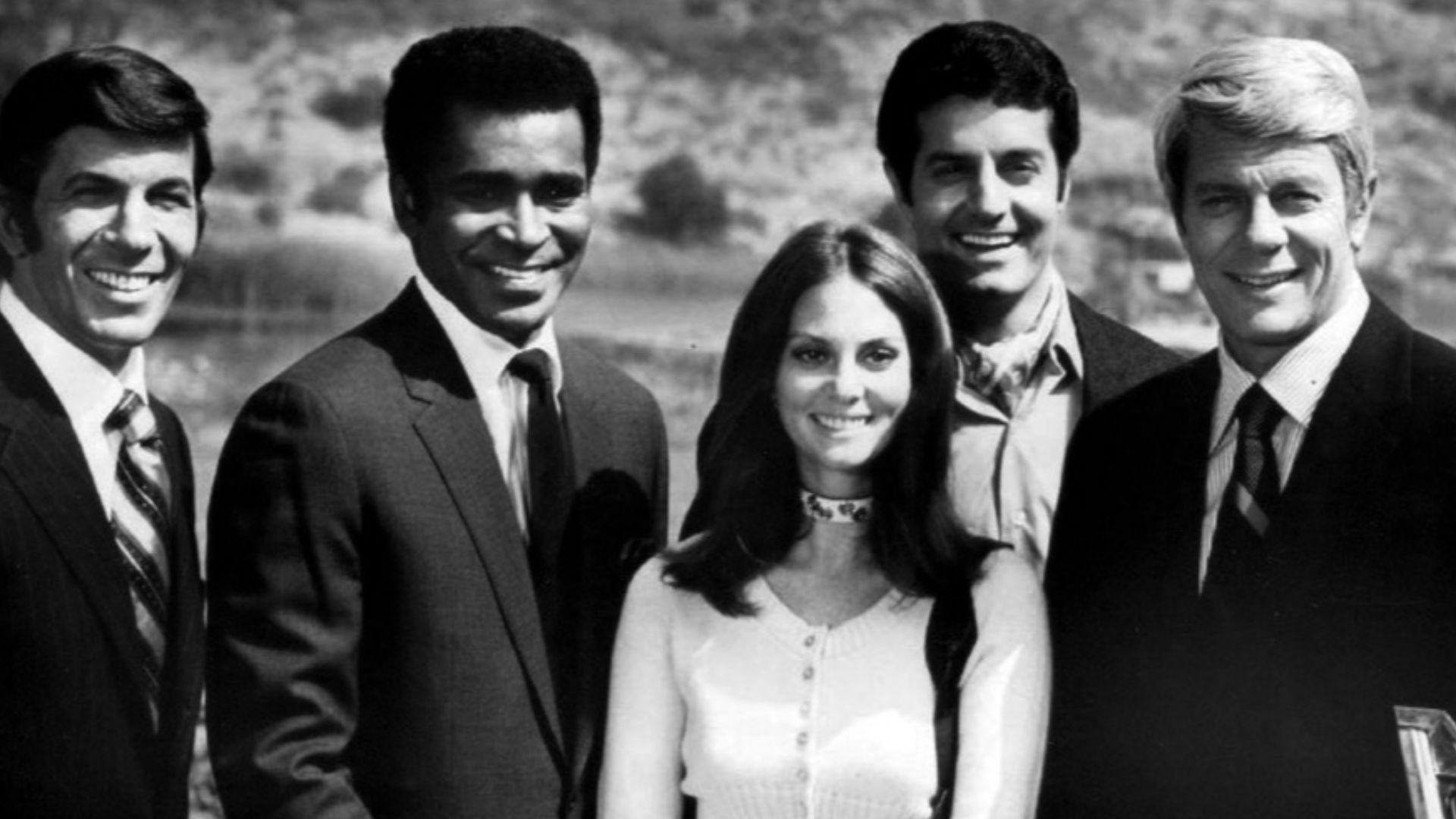 Cast photo from the television program Mission: Impossible. This is the cast for its fifth season, beginning in 1970.  From left: Leonard Nimoy, Greg Morris, Lesley Anne Warren, Peter Lupus and Peter Graves.