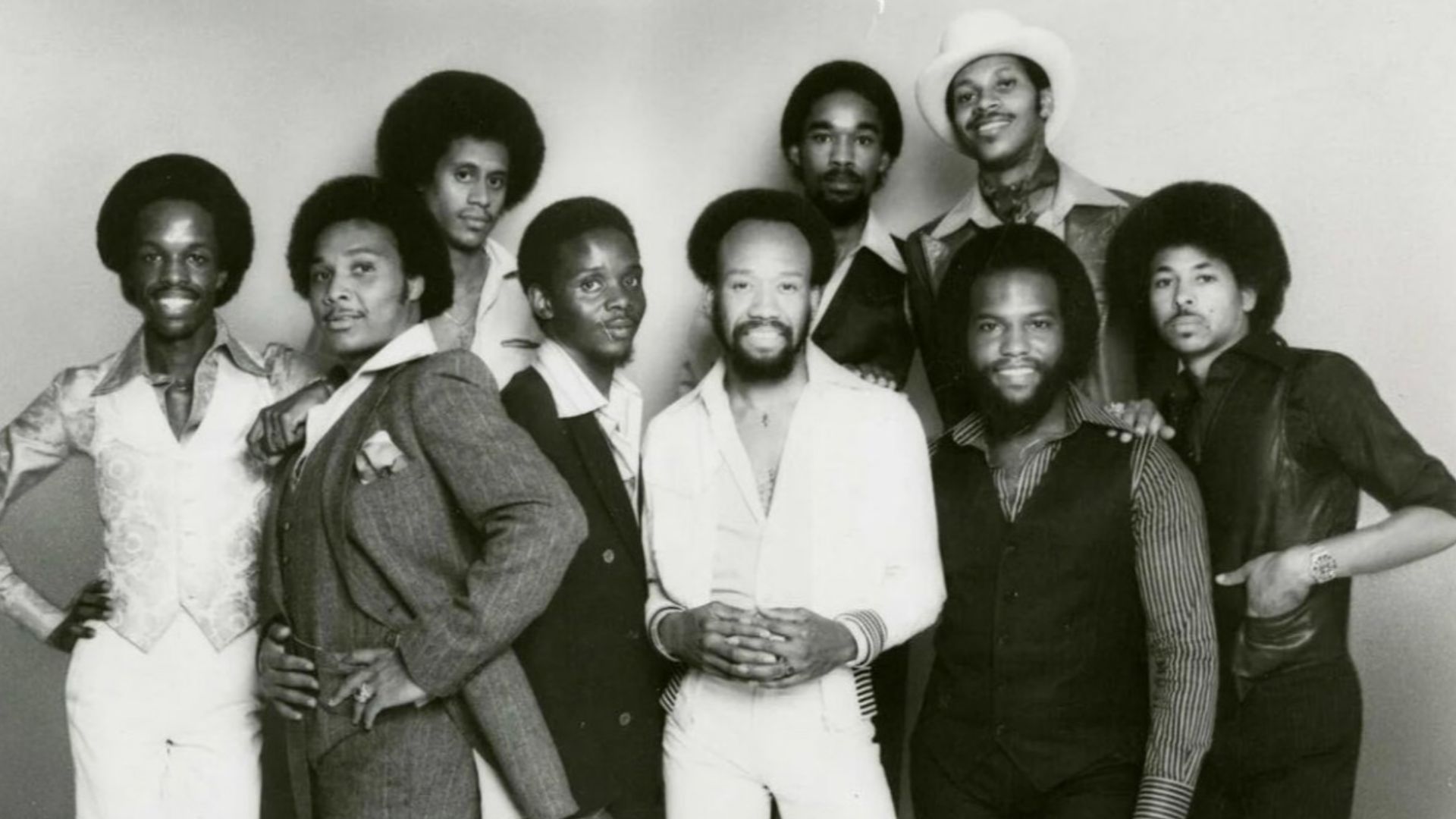 Earth, Wind, and Fire in a press photo dated to 1977. Photo itself was taken the same year or earlier