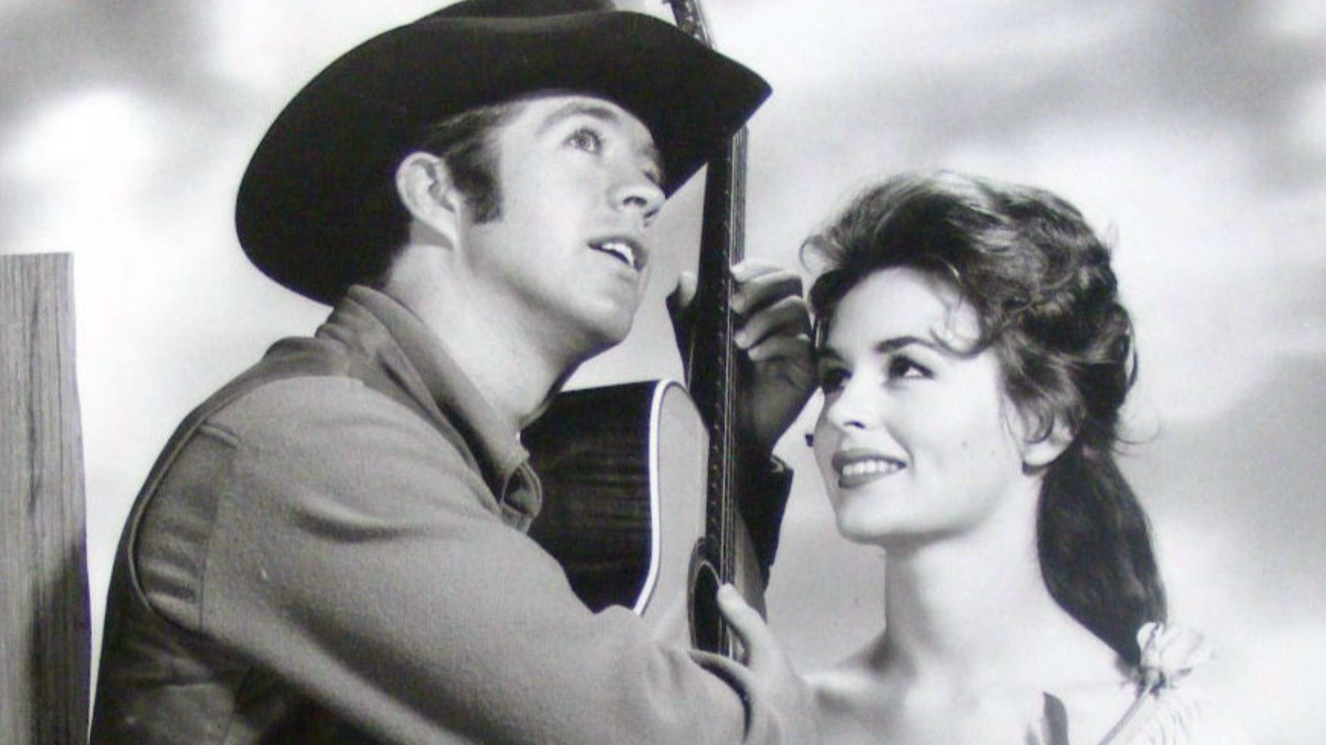Photo of Clu Gulager as Billy the Kid and Marianna Hill as his sweetheart, Rita, from the television program The Tall Man.