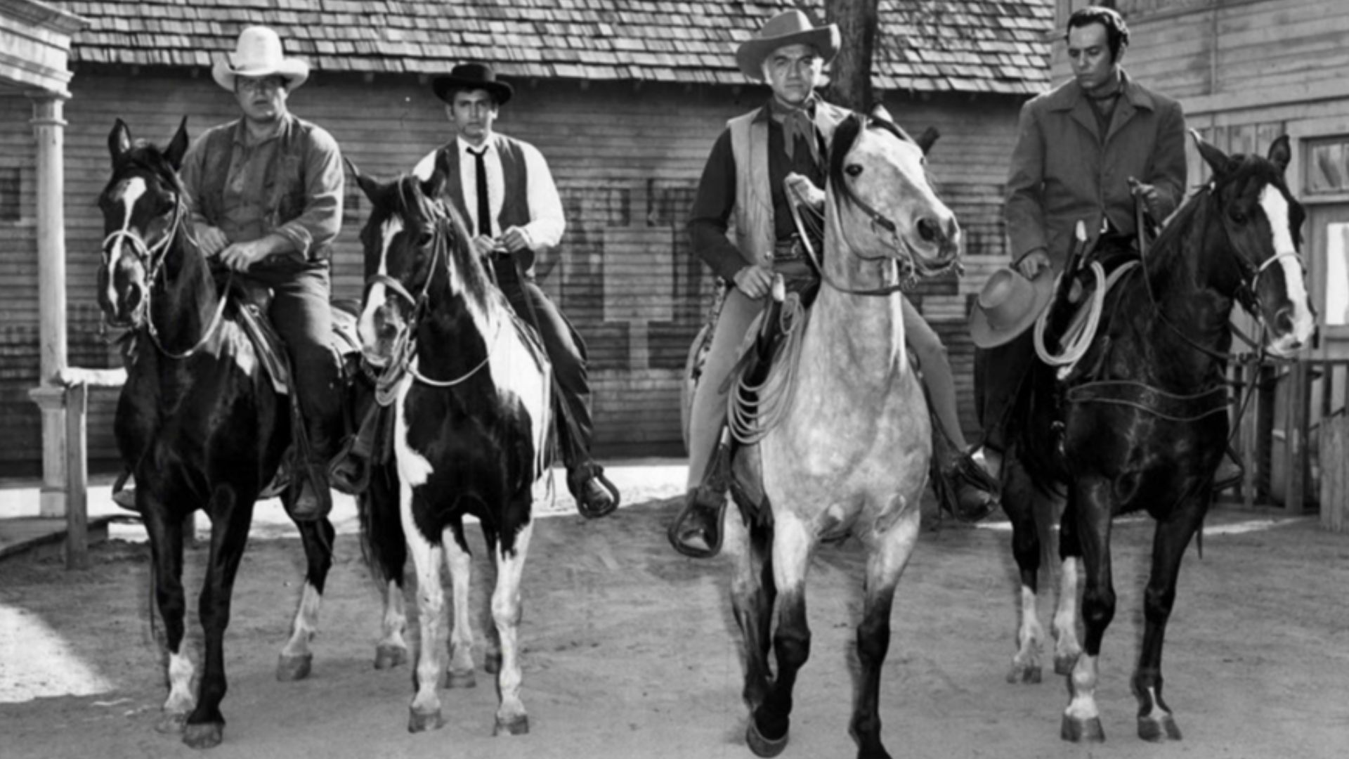 Photo of the main cast of Bonanza.  From left: Dan Blocker (Hoss), Michael Landon (Little Joe), Lorne Greene (Ben), Pernell Roberts (Adam).