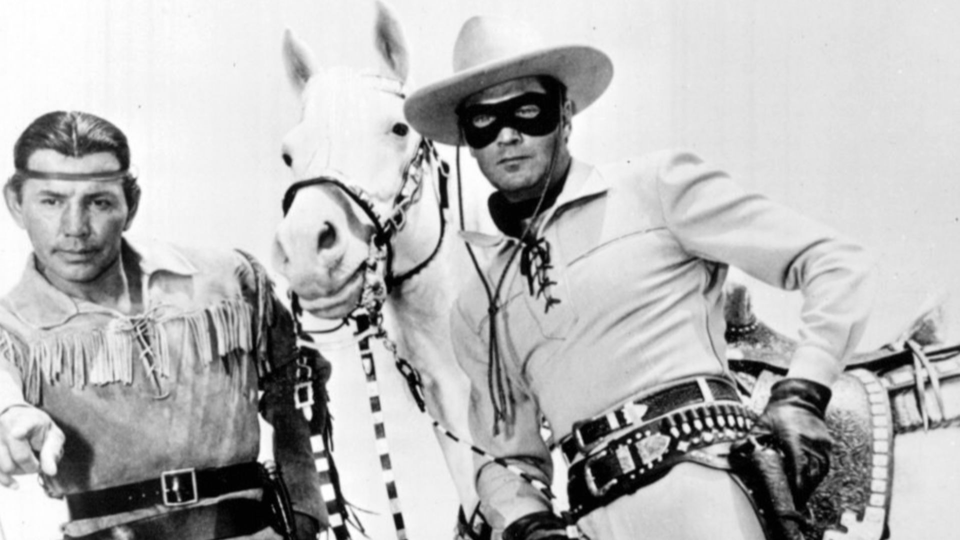 Photo of Jay Silverheels, Clayton Moore and Silver from The Lone Ranger.