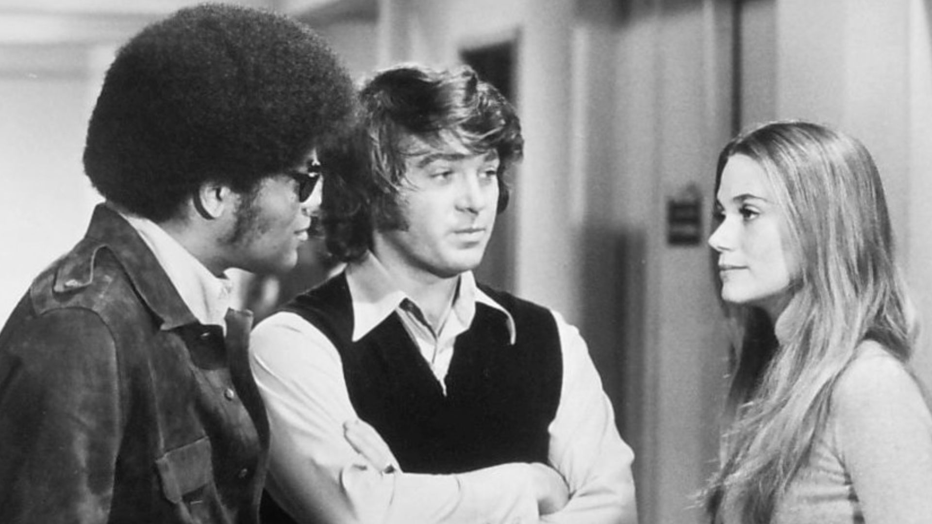 Scene from an episode of the television program The Mod Squad. From left: Clarence Williams III, Michael Cole, Peggy Lipton.