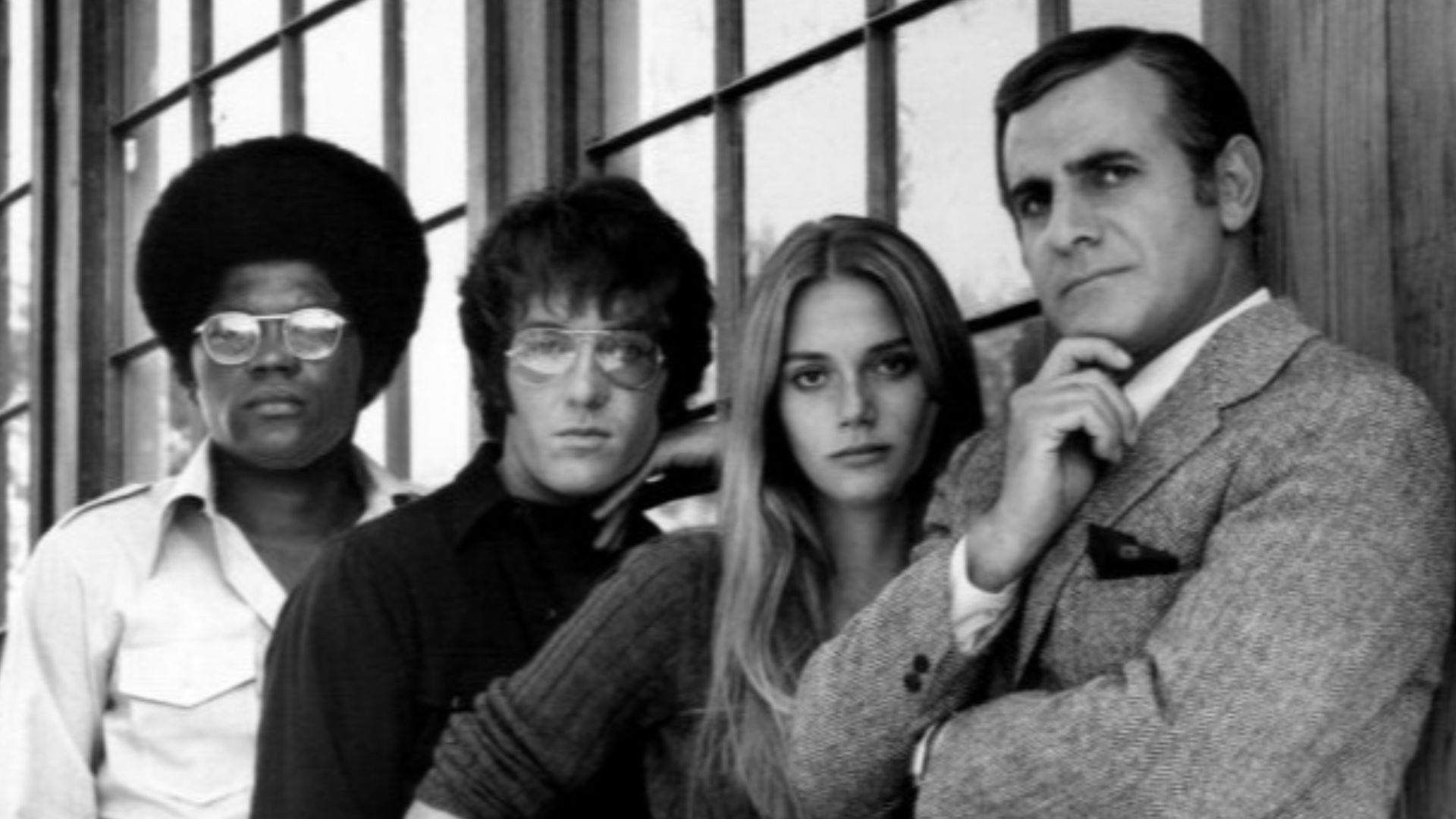 1969 cast photo from the television program The Mod Squad.  From left: Clarence Williams III, Michael Cole, Peggy Lipton, Tige Andrews.