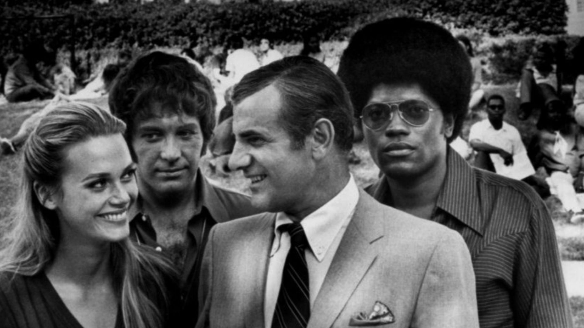1970 cast photo from the television program The Mod Squad.  From left: Peggy Lipton, Michael Cole, Tige Andrews, Clarence Williams III.