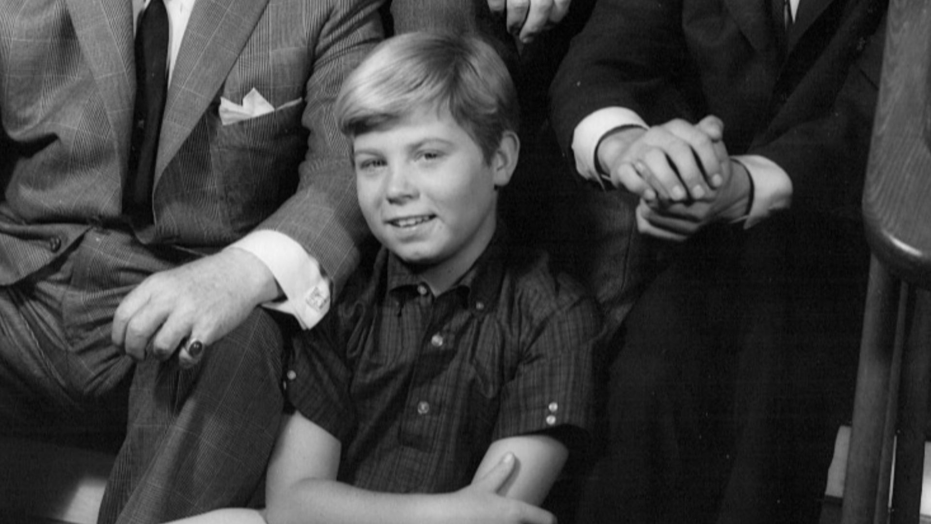 Publicity photo for the 3rd season premiere of My Three Sons. Clockwise from left: William Frawley as Bub, Tim Considine as Mike, Fred MacMurray as Steve, Don Grady as Robbie, and Stanley Livingston as Chip from My Three Sons.