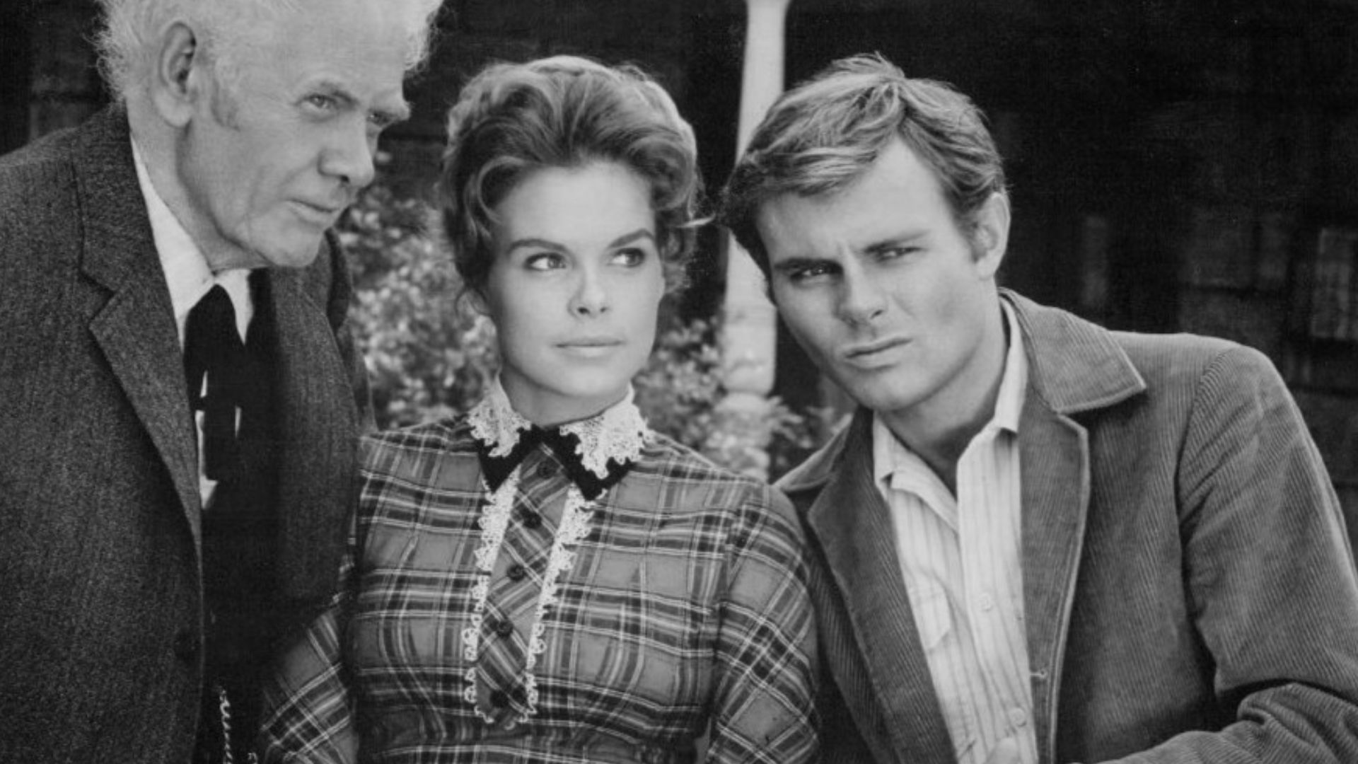 Photo of Charles Bickford, Sara Lane and Don Quine from the television program The Virginian.  Bickford played John Grainger; Lane and Quine played his grandchildren, Elizabeth and Stacey Grainger.