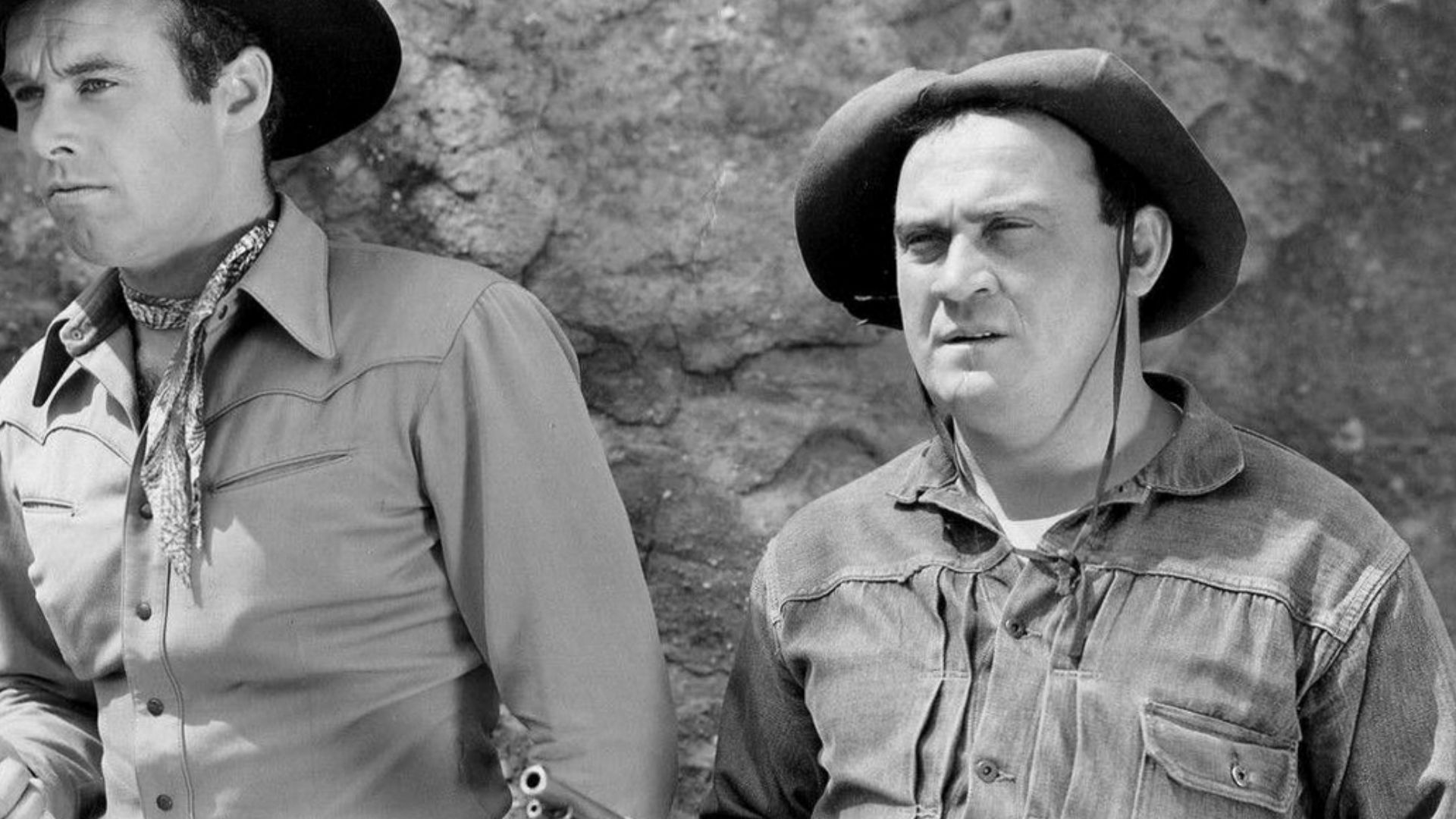 Rustlers of the Badlands (1945 western movie) publicity still. Tex Harding (left) and Dub Taylor (right).