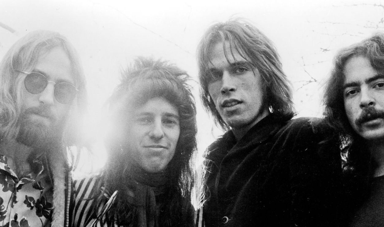 CIRCA 1973: Second line-up of the Rock group Stories (L-R Ian Lloyd, Kenny Aaronson, Steve Love and Brian Madey) pose for a portrait to promote their self titled debut album in 1972.