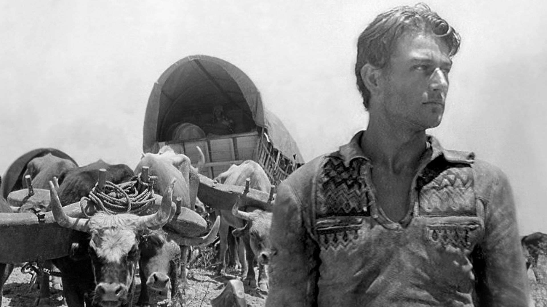 Publicity photo of American actor John Wayne in The Big Trail.
