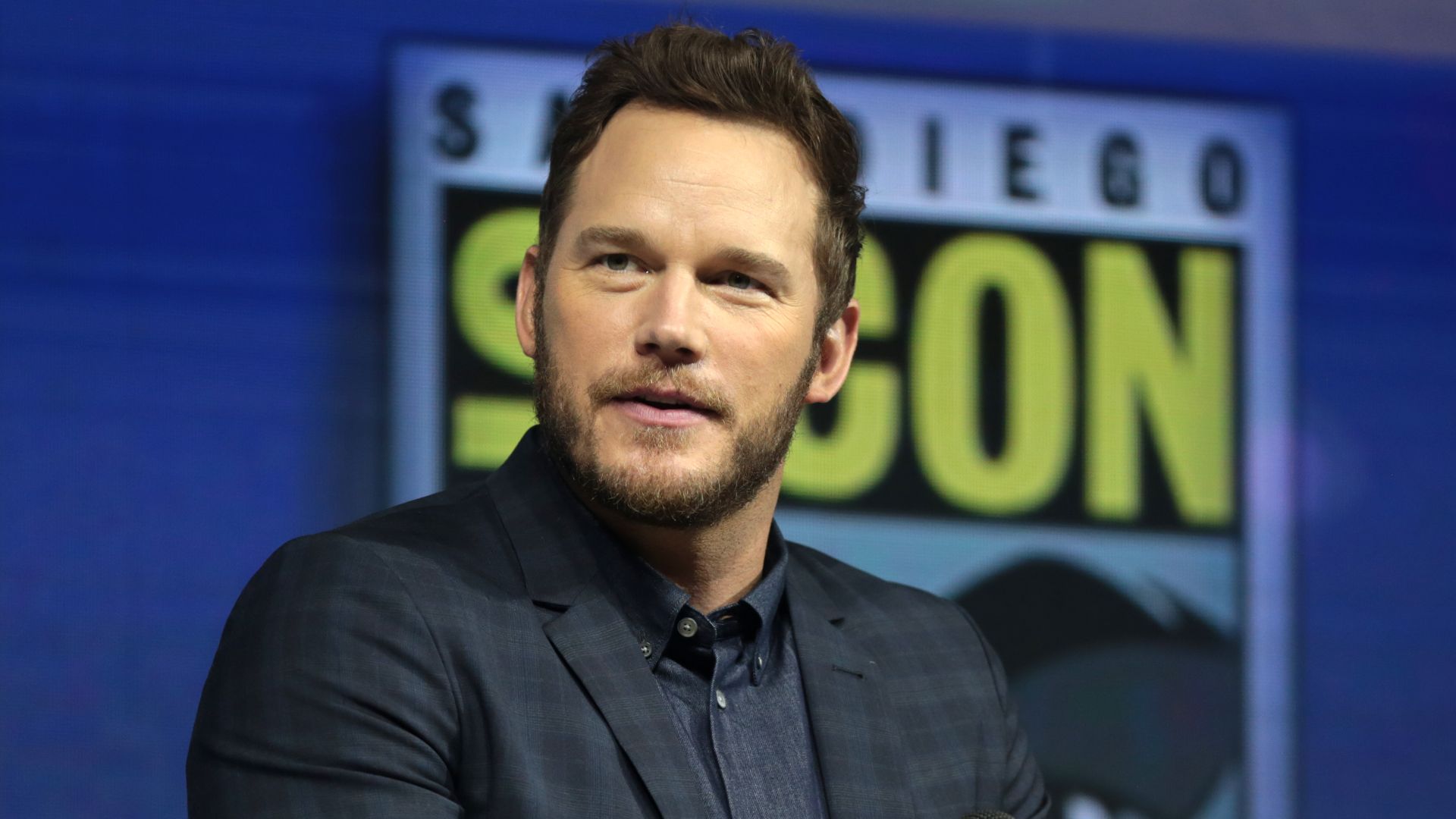 Chris Pratt speaking at the 2018 San Diego Comic Con International, for
