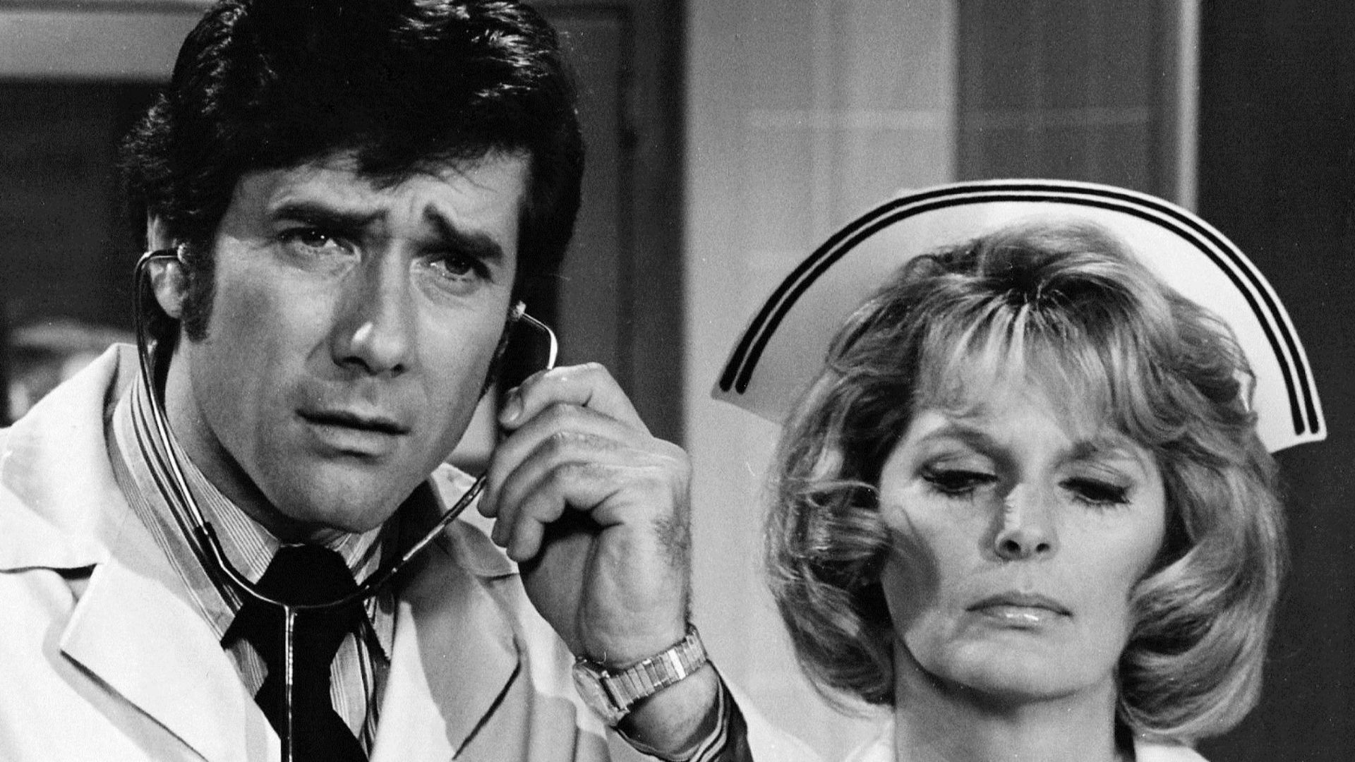 Photo of Robert Fuller as Dr. Kelly Brackett and Julie London as Nurse Dixie McCall from the television series Emergency!.