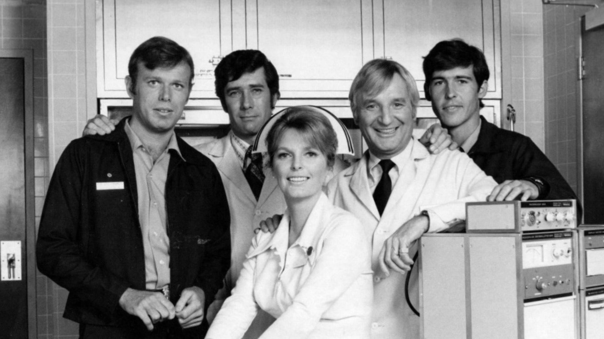 Photo of the cast of the television program Emergency!.  From left: Kevin Tighe, Robert Fuller, Julie London, Bobby Troup and Randolph Mantooth.