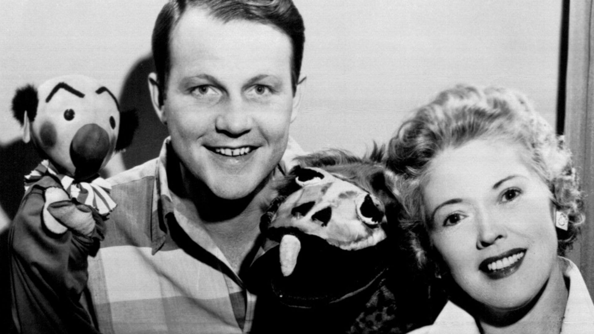 Photo of Burr Tillstrom and Fran Allison with Kukla and Ollie from the television program Kukla, Fran and Ollie.