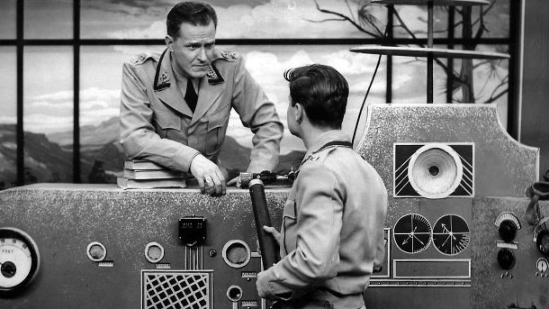 Photo of Captain Video command desk.  Pictured are Al Hodge (Captain Video) and Don Hastings (Video Ranger) from the television program Captain Video.