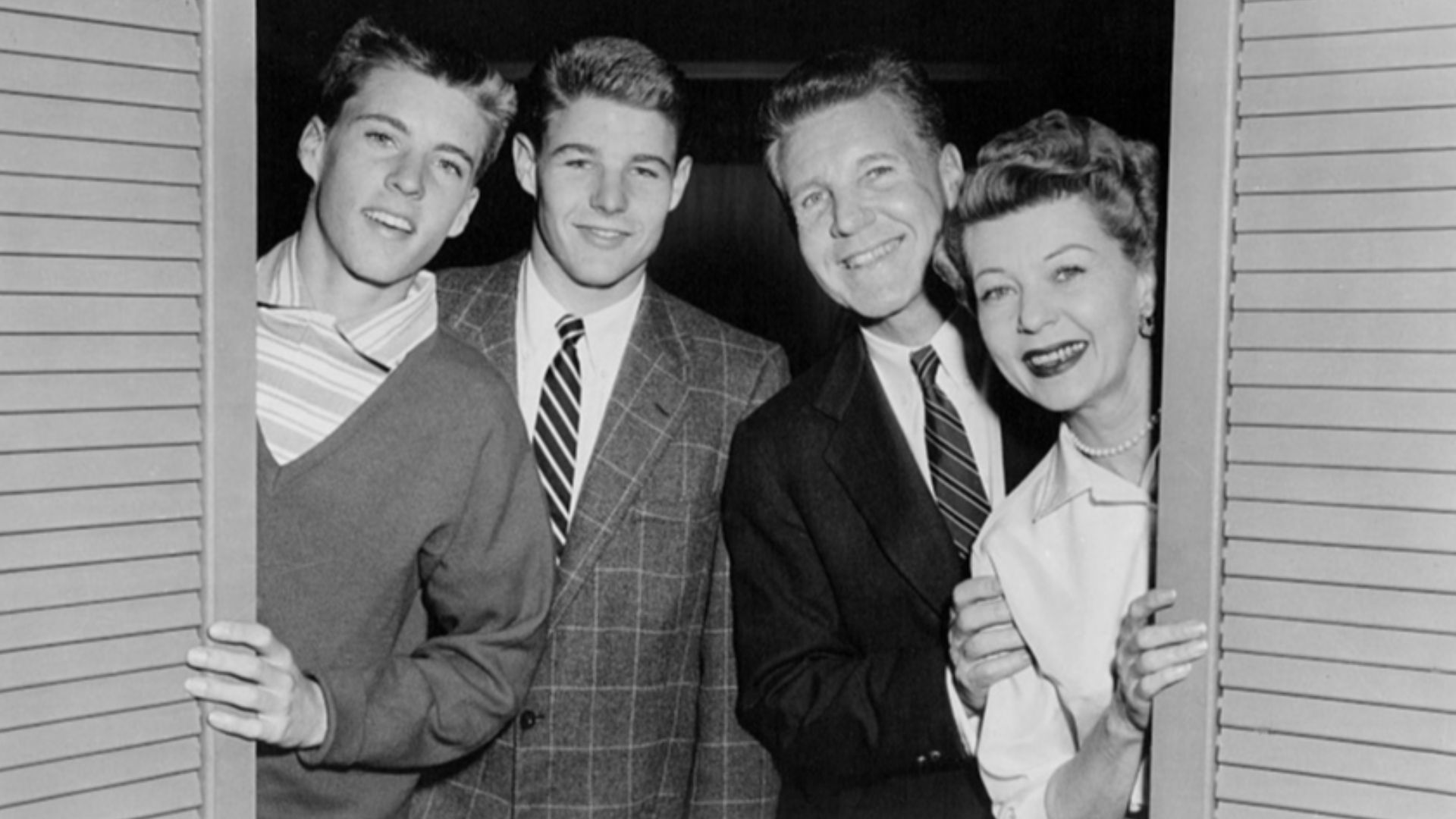 Publicity photo of American actors, (L–R) Ricky Nelson, David Nelson, Ozzie Nelson and Harriet Nelson promoting their roles on the ABC television series The Adventures of Ozzie and Harriet, circa 1956.