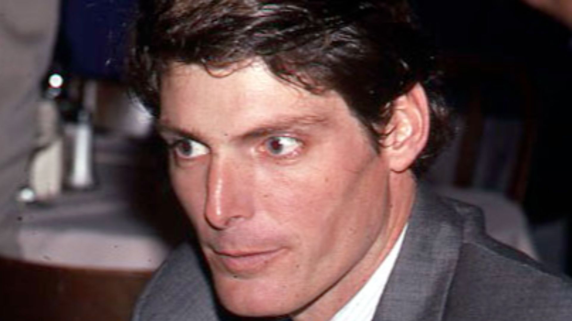 Christopher Reeve being interviewed at a cast party on October 10, 1985 after the opening night of Marriage of FIgaro at The Circle in the Square Theatre in Midtown Manhattan, New York