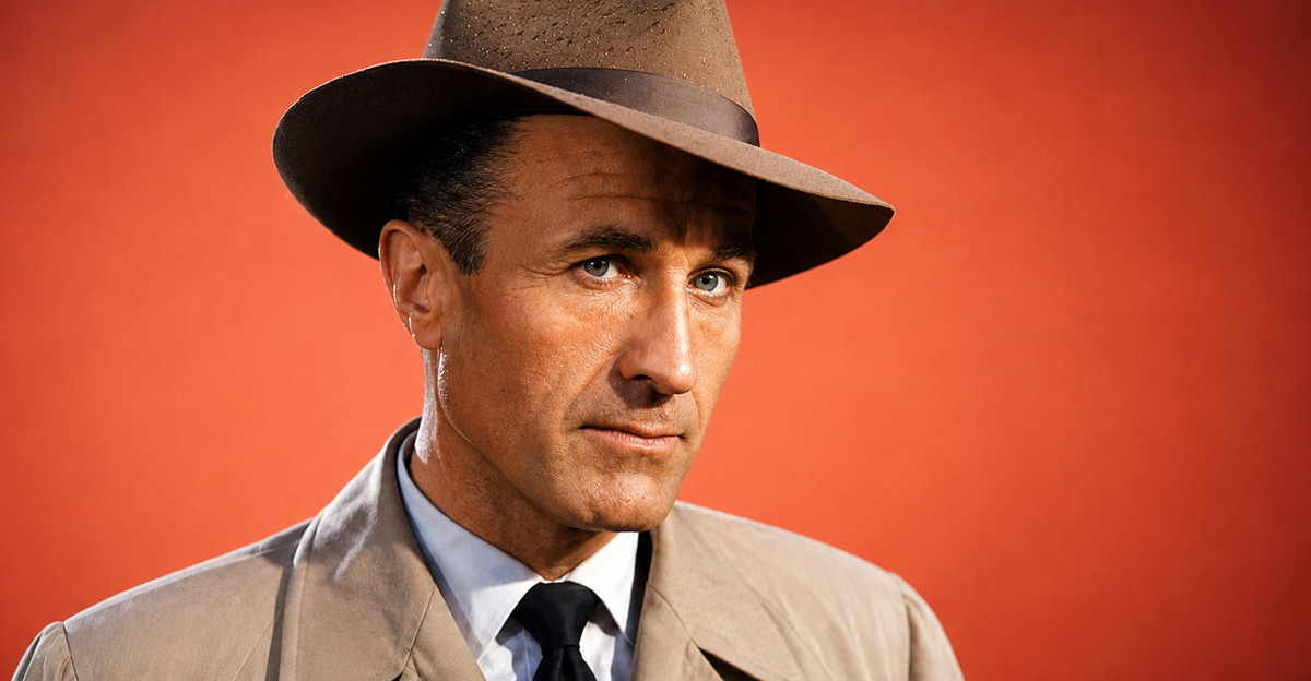 Screenshot of actor Barry Morse as Lt. Philip Gerard in The Fugitive (1963-1967), with AI-generated background and colorization 