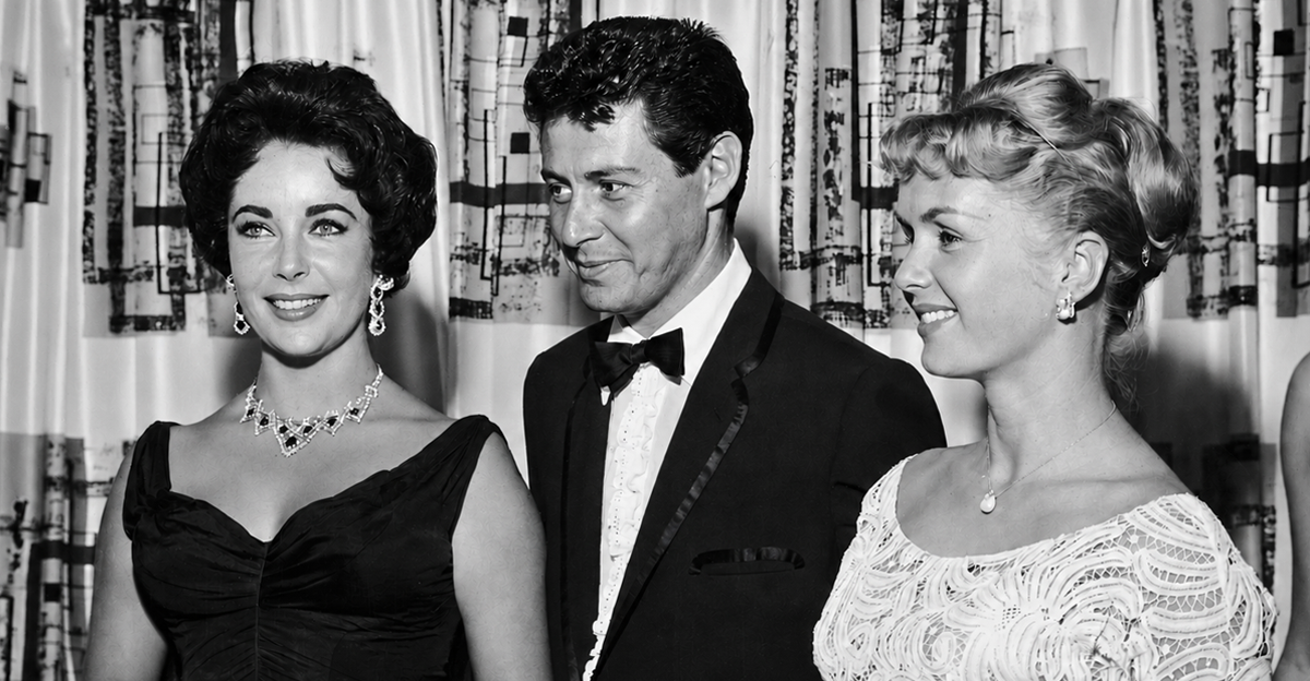 Singer Eddie Fisher with his wife, Debbie Reynolds(right), and Elizabeth Taylor at the Tropicana Hotel in 1958