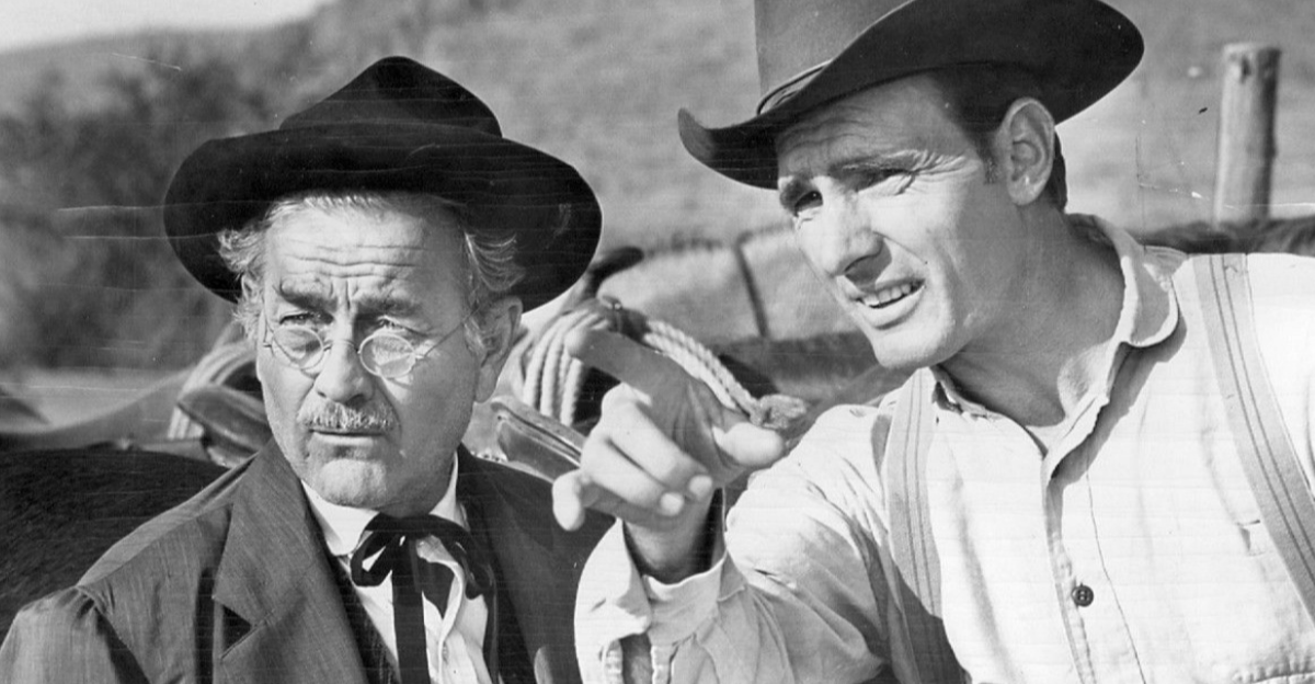 Photo of Milburn Stone (Doc Adams) and Dennis Weaver (Chester Goode) from the television program Gunsmoke