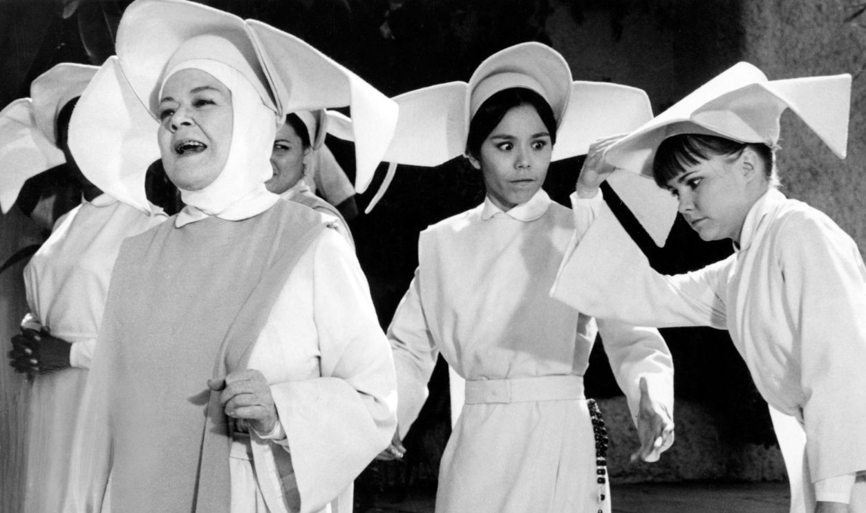 Left to right: Marge Redmond as Sister Jacqueline, Linda Dangcil (1941 - 2009) as Sister Ana, and Sally Field as Sister Bertrille, in 'To Fly or Not to Fly', an episode of the US sitcom 'The Flying Nun', 1968.