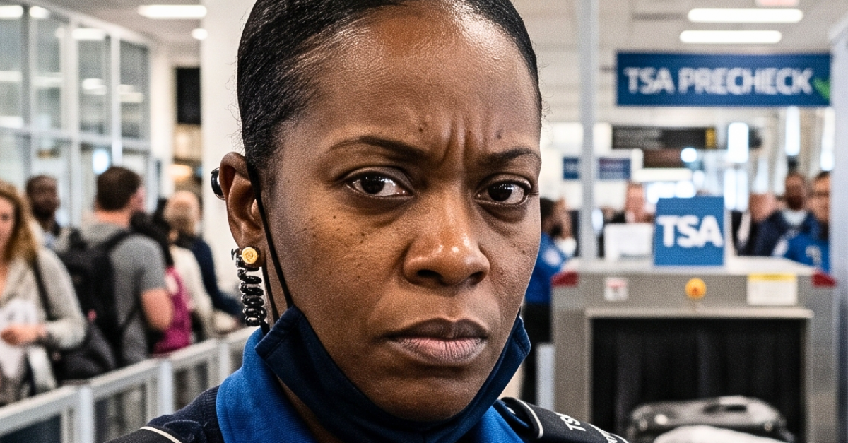TSA agent looking stern.