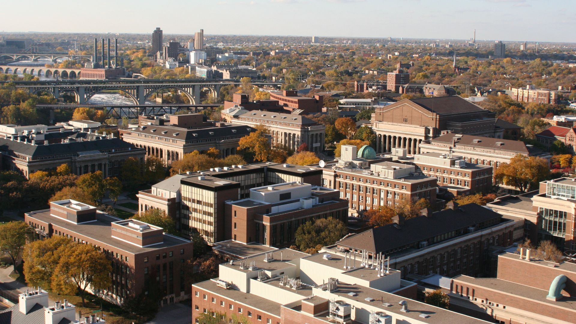 An aerial view of Northrop Mall, part of the University of Minnesota-Twin Cities' East Bank area