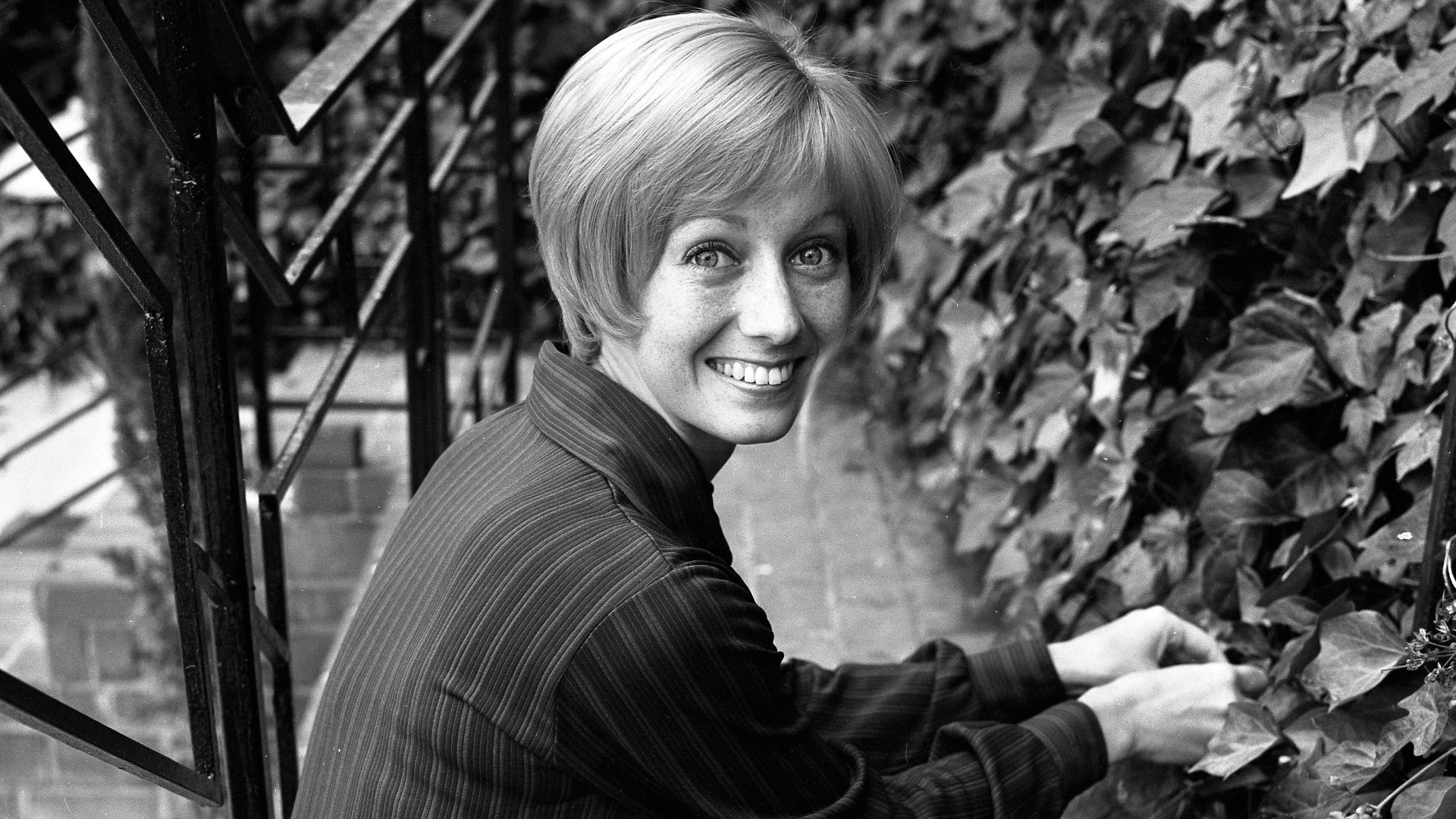 Actress Sandy Duncan seated on ivy covered steps